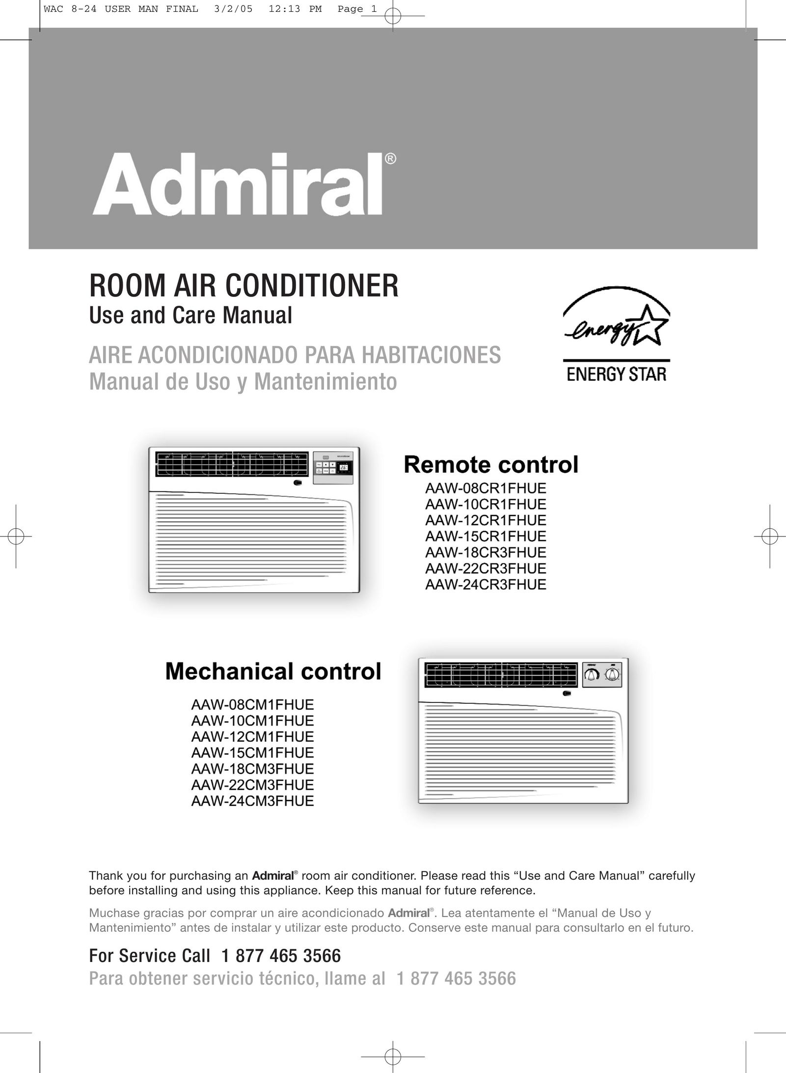 Admiral AAW-22CM1FHUE Air Conditioner User Manual