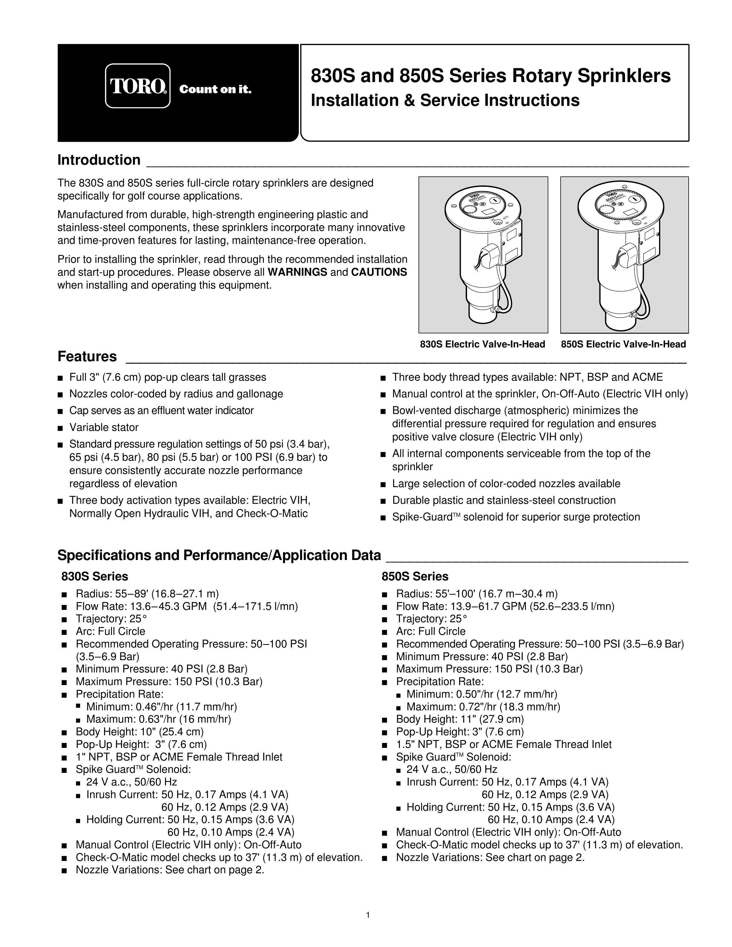 Toro 830S Sprinkler User Manual