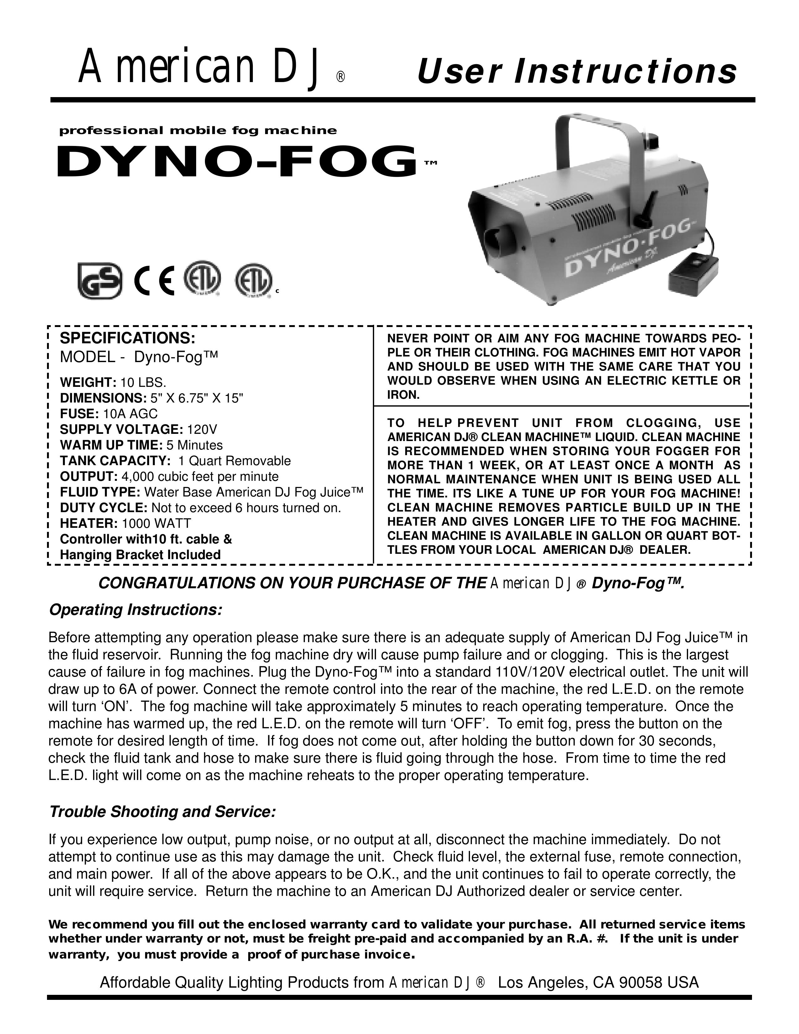 American DJ Dyno-Fog DJ Equipment User Manual