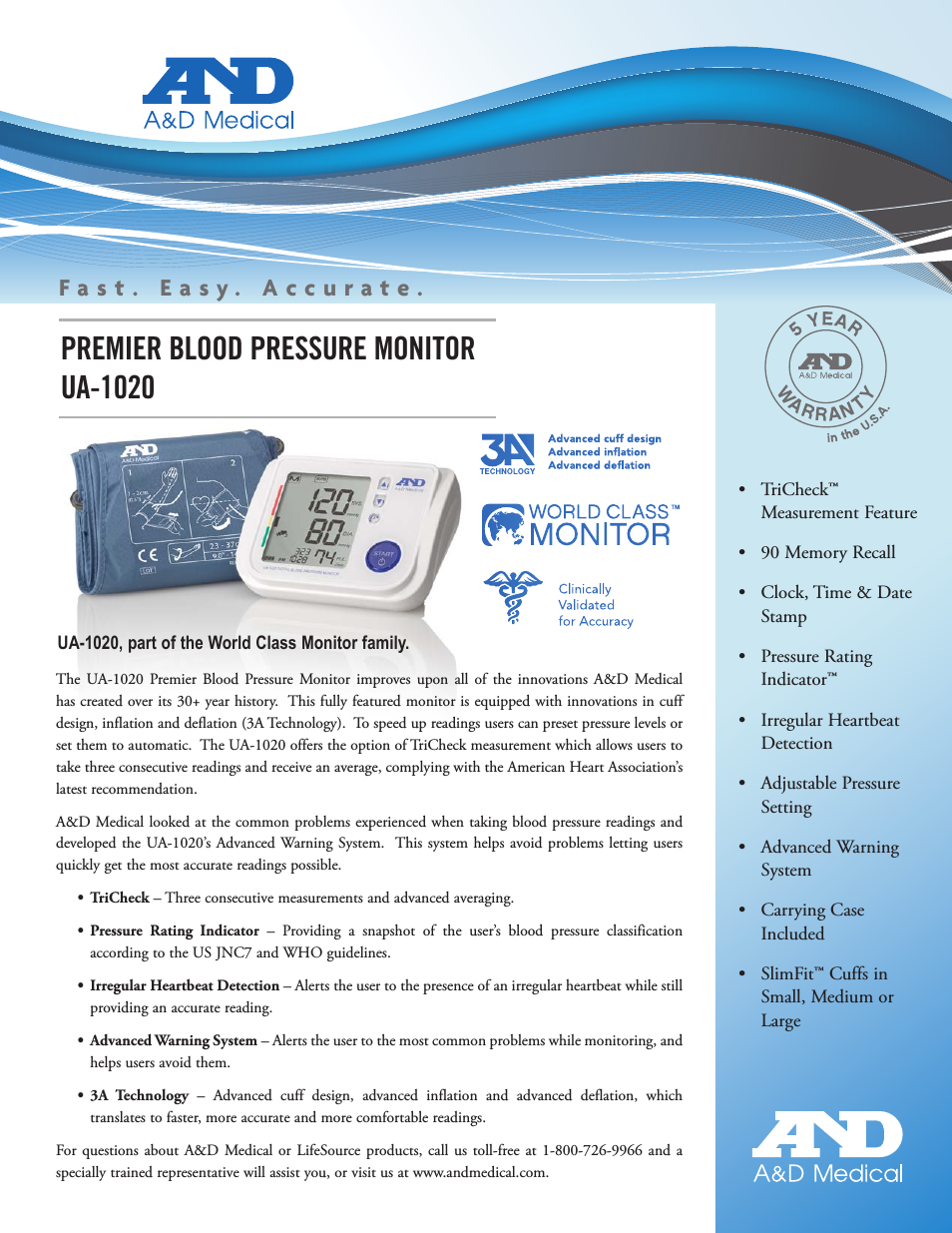 A & D Medical Premier Blood Pressure Monitor UA-1020 (Page 1)