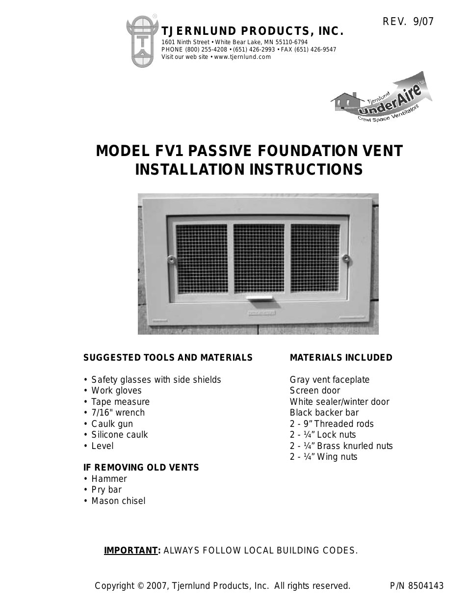 FV1 Crawl Space Vent 8504143 (Page 1)