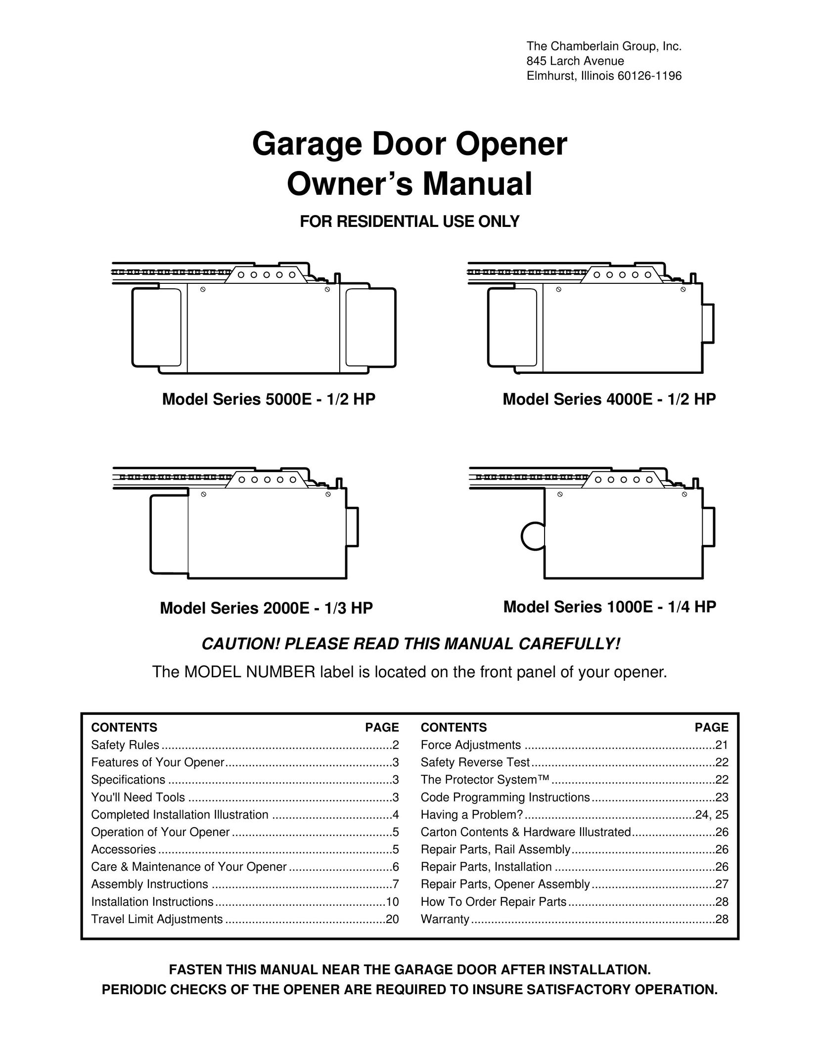 Chamberlain 1000E - 1/4 HP Garage Door Opener User Manual (Page 1)