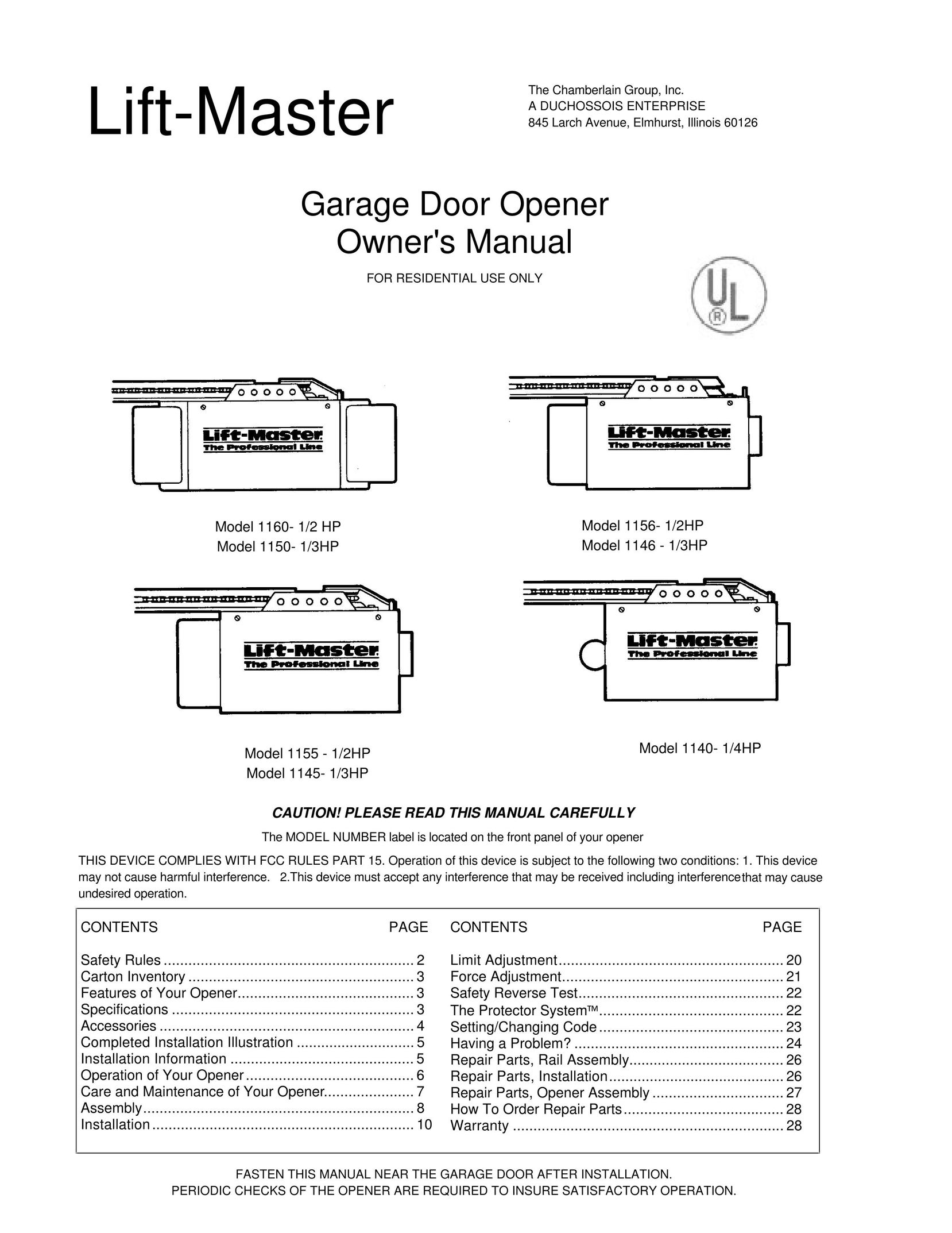 Chamberlain 1145- 1/3HP Garage Door Opener User Manual (Page 1)