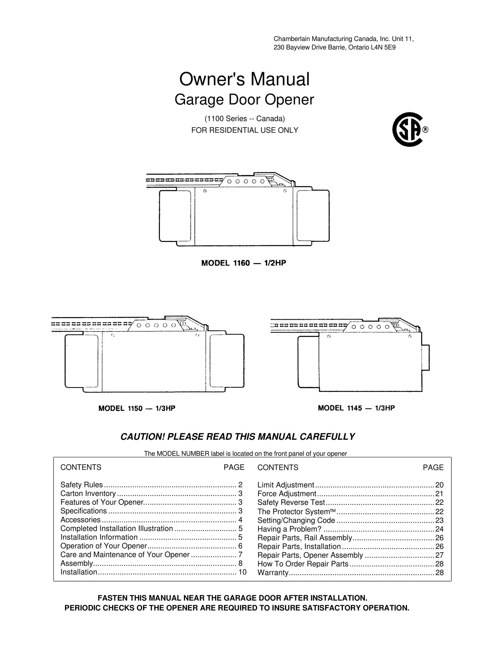 Chamberlain 1150-1/3HP Garage Door Opener User Manual (Page 1)