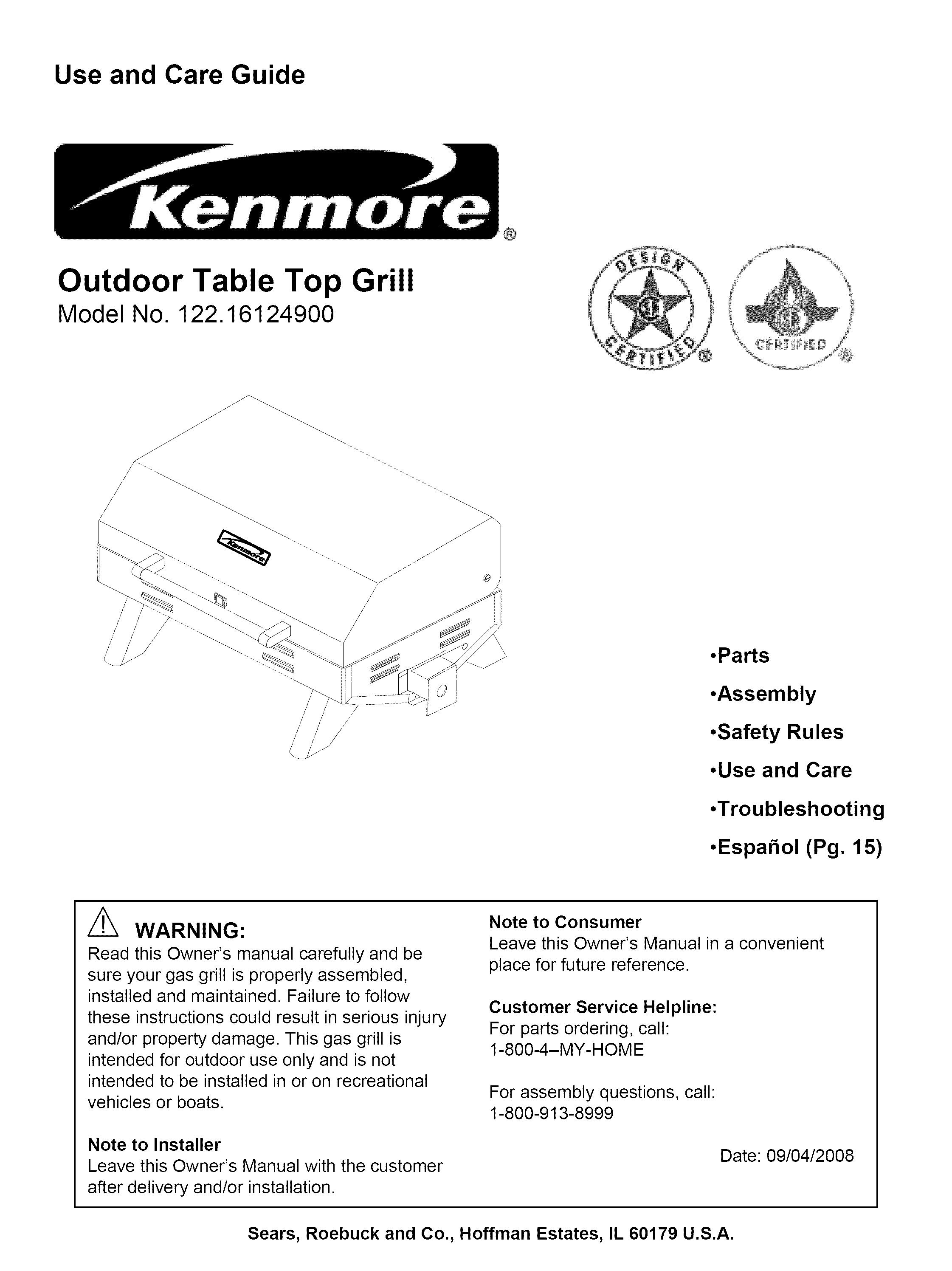 Kenmore 122.161249 Gas Grill User Manual (Page 1)