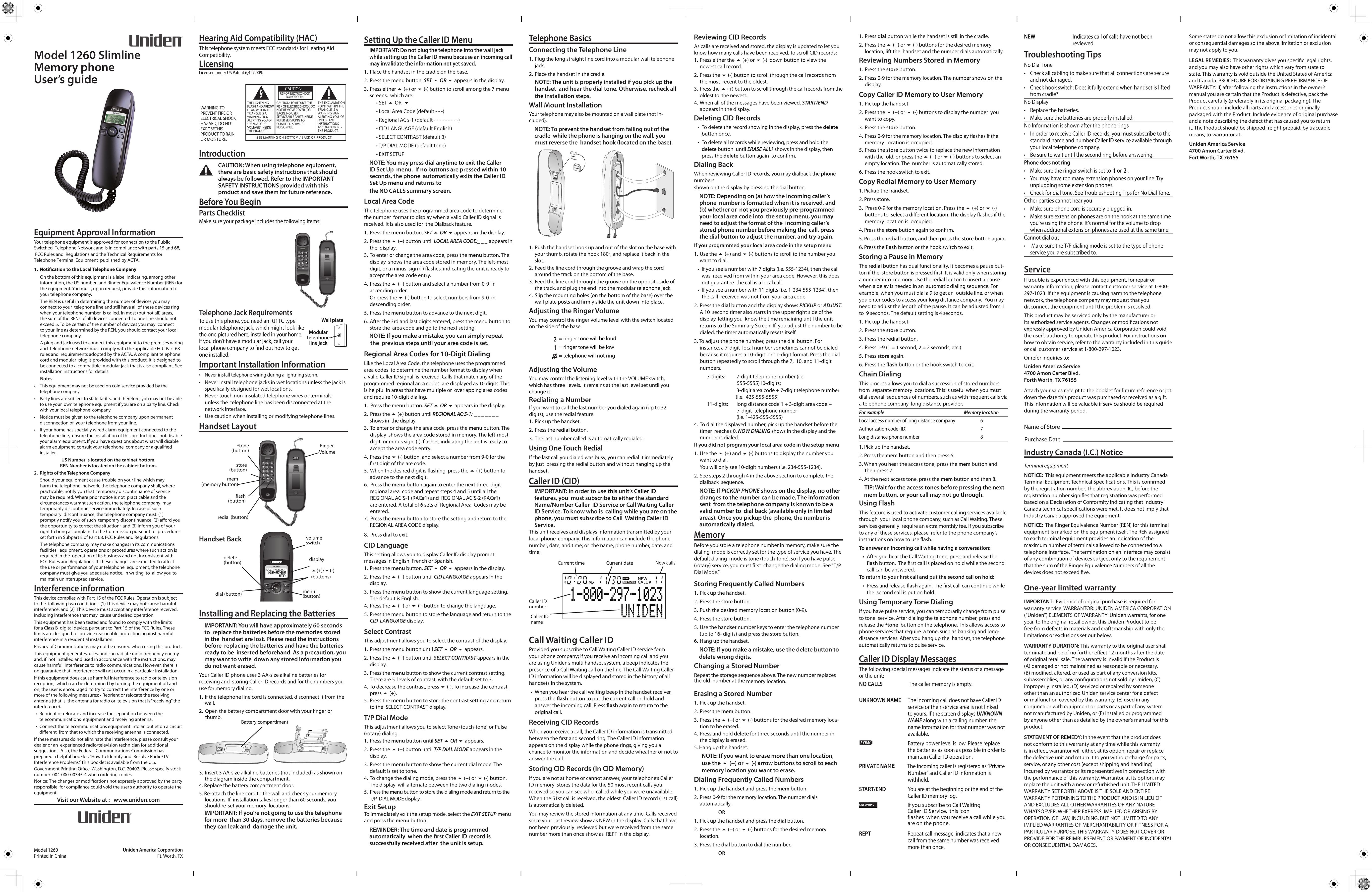 Uniden 1260 Telephone User Manual (Page 1)