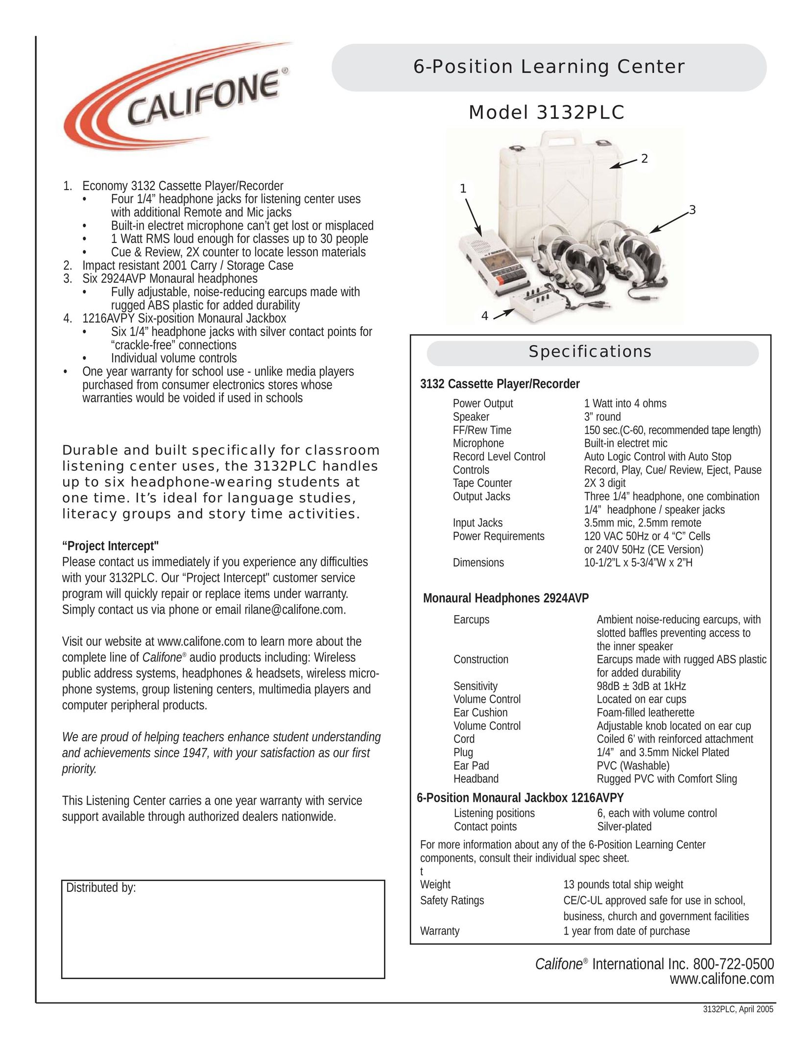Califone 3132PLC Cassette Player User Manual (Page 1)