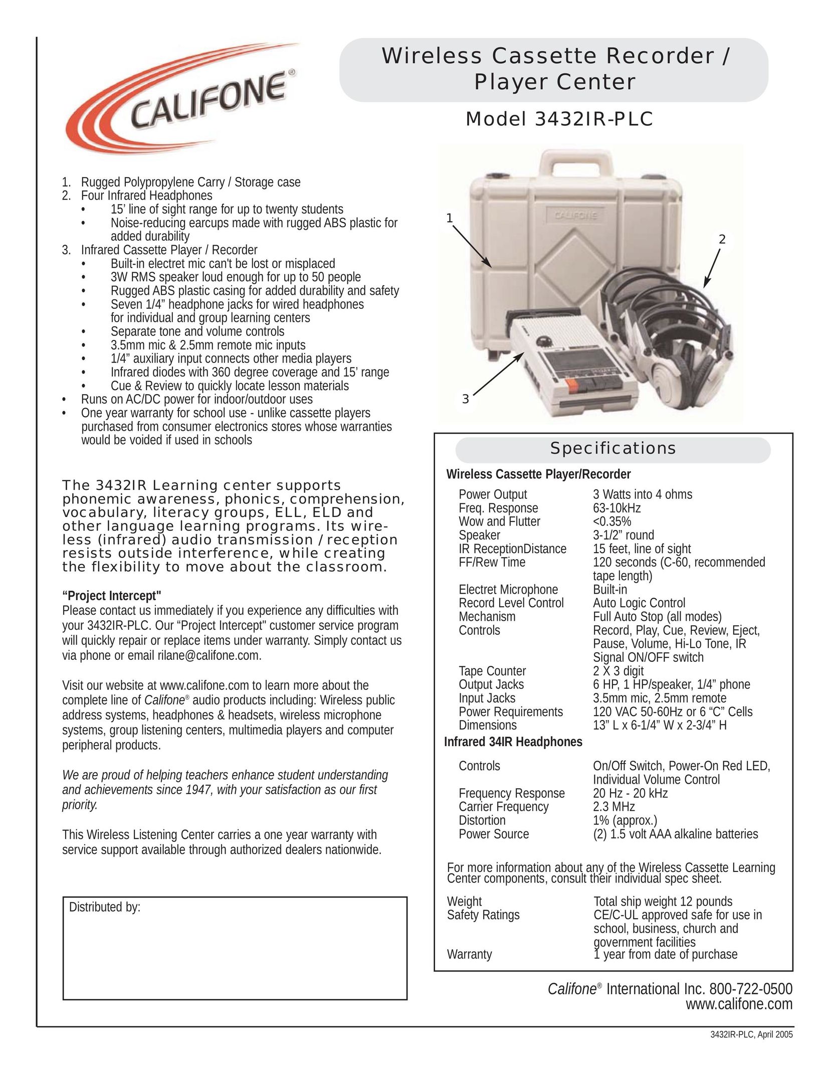 Califone 3432IR-PLC Cassette Player User Manual (Page 1)