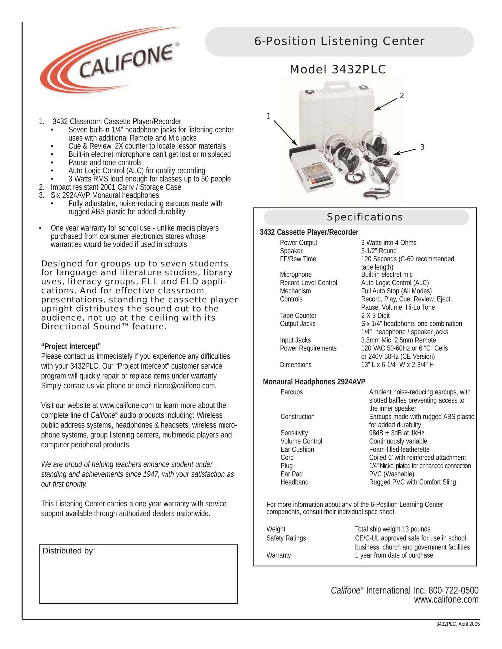 Califone 3432PLC Cassette Player User Manual (Page 1)