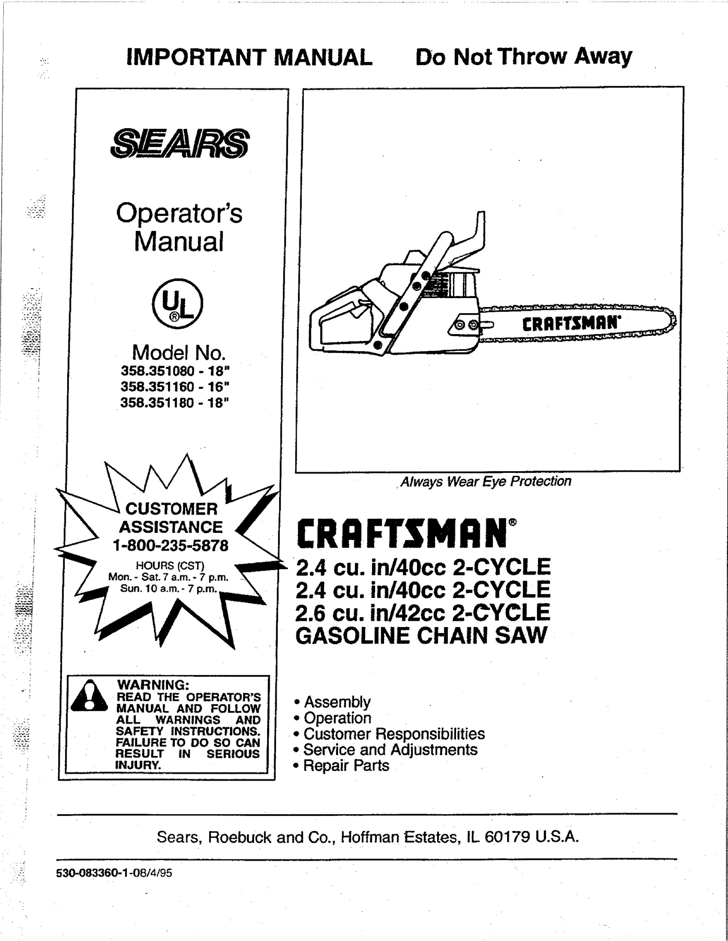 Craftsman 358.351080 Chainsaw User Manual (Page 1)