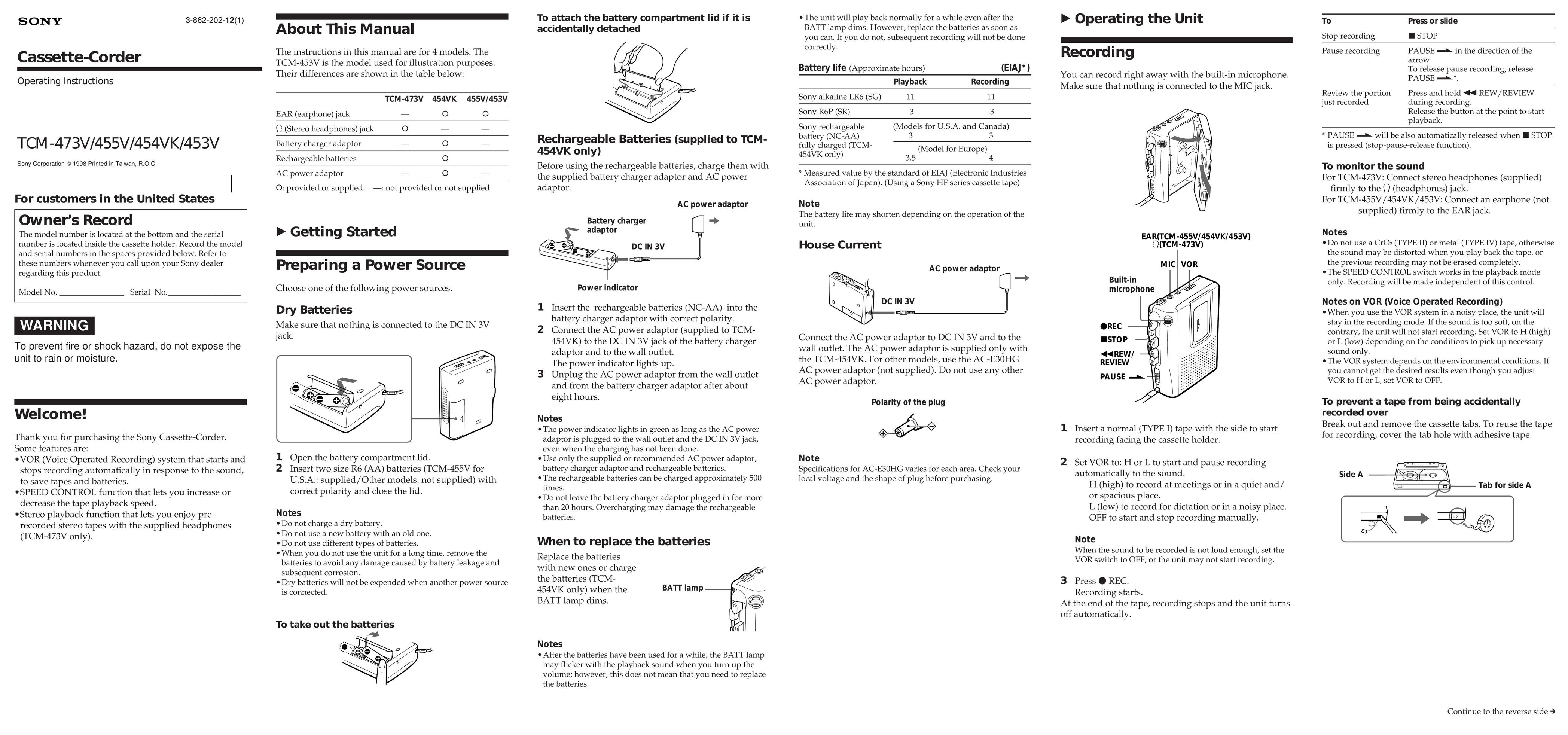 Sony 454VK Cassette Player User Manual (Page 1)