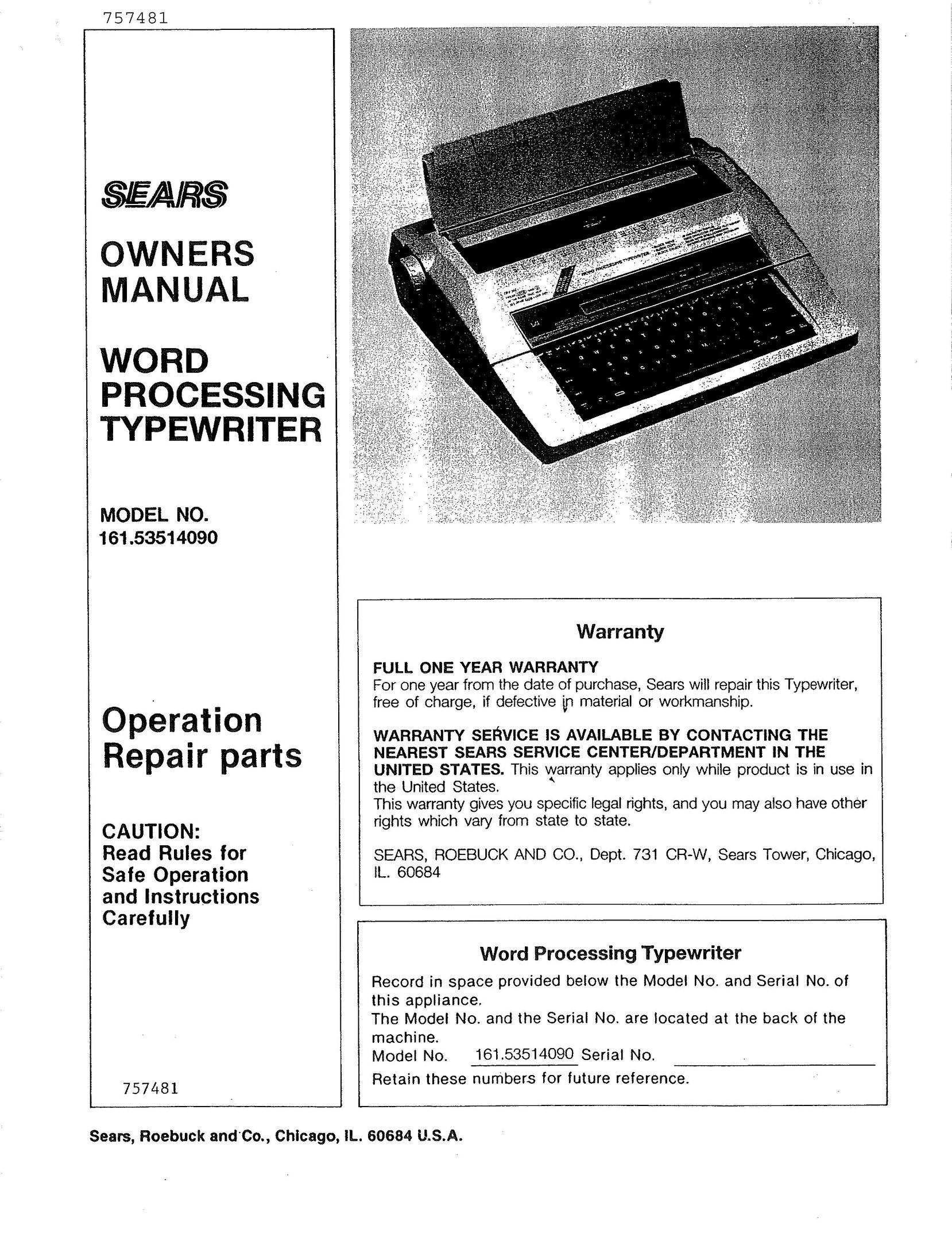Sears 514 Typewriter User Manual (Page 1)