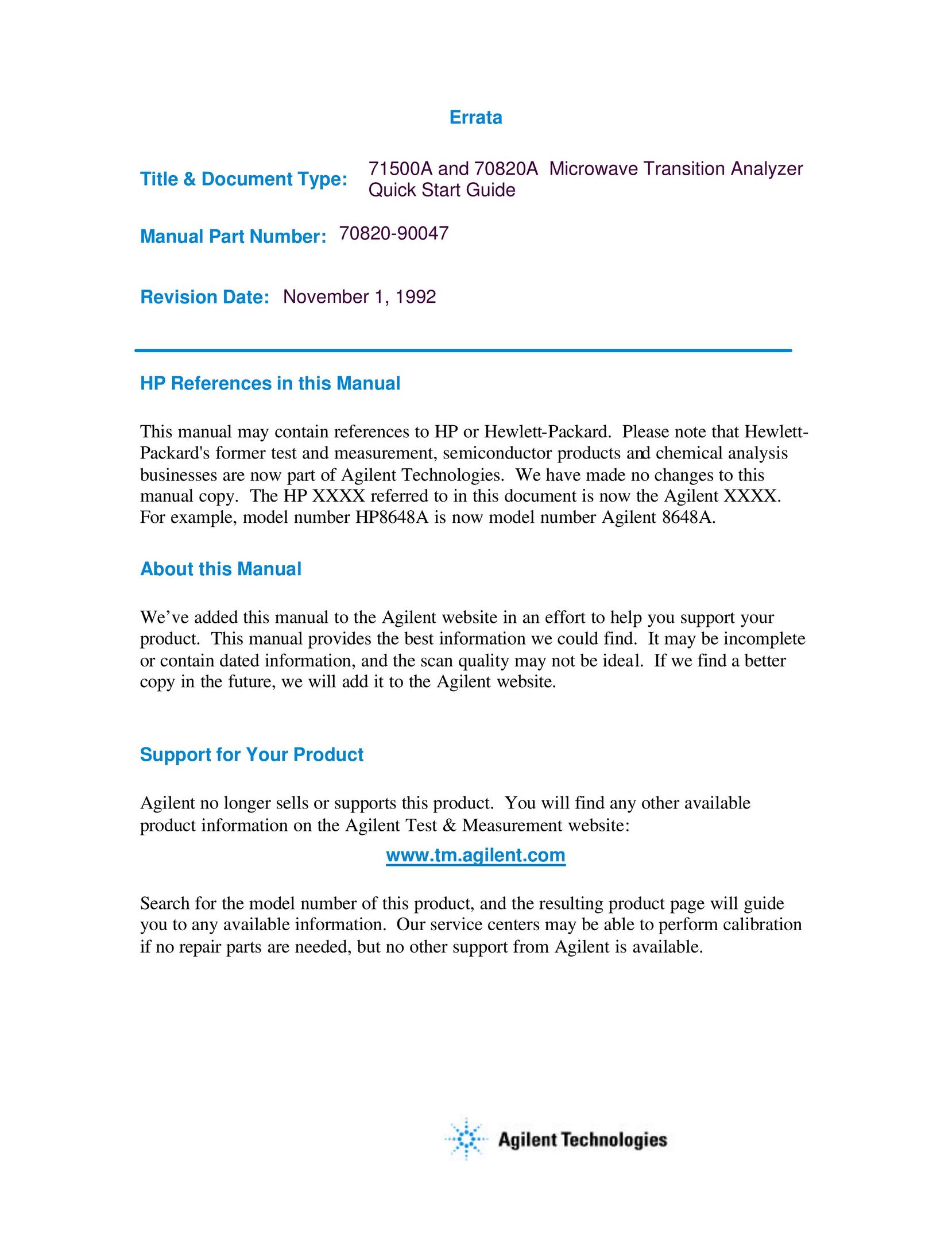 Agilent Technologies 70820A Appliance Trim Kit User Manual (Page 1)