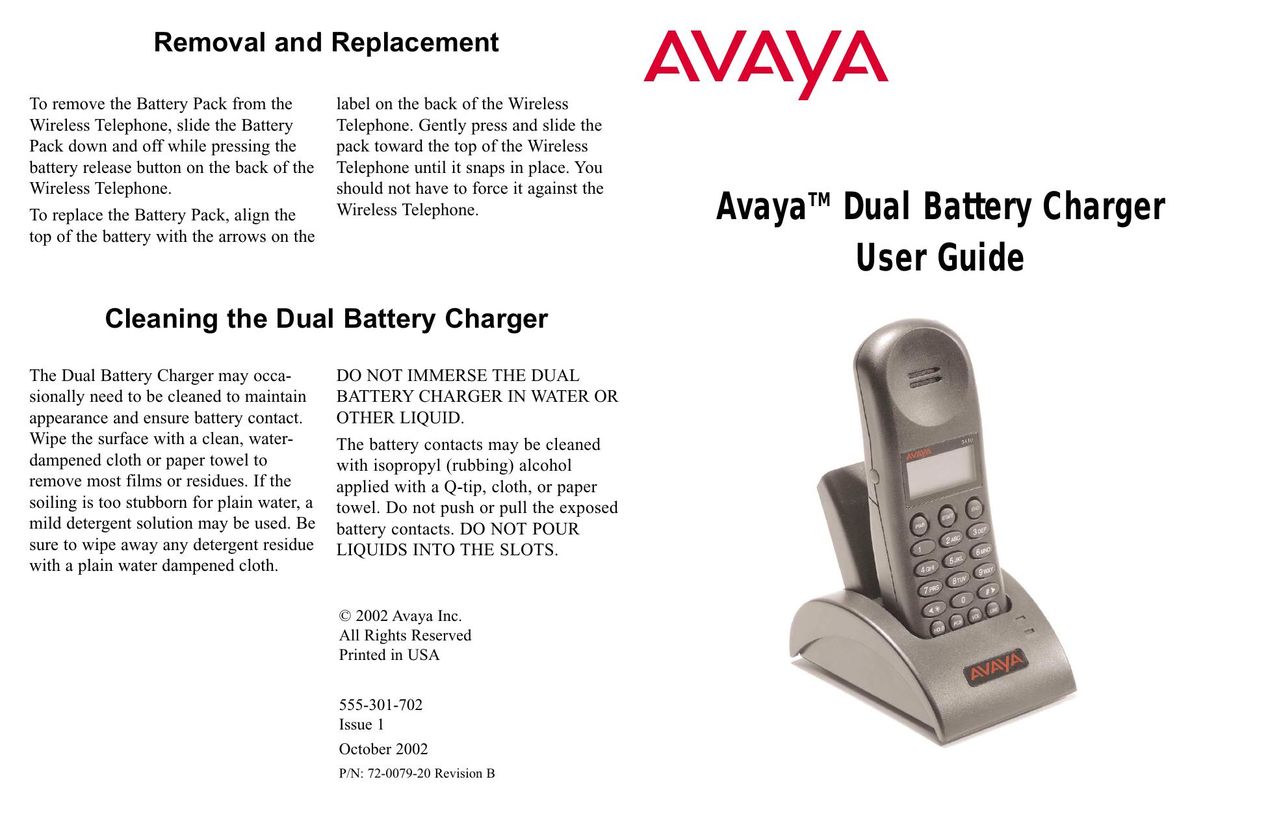 Avaya 72-0079-20 Battery Charger User Manual (Page 1)