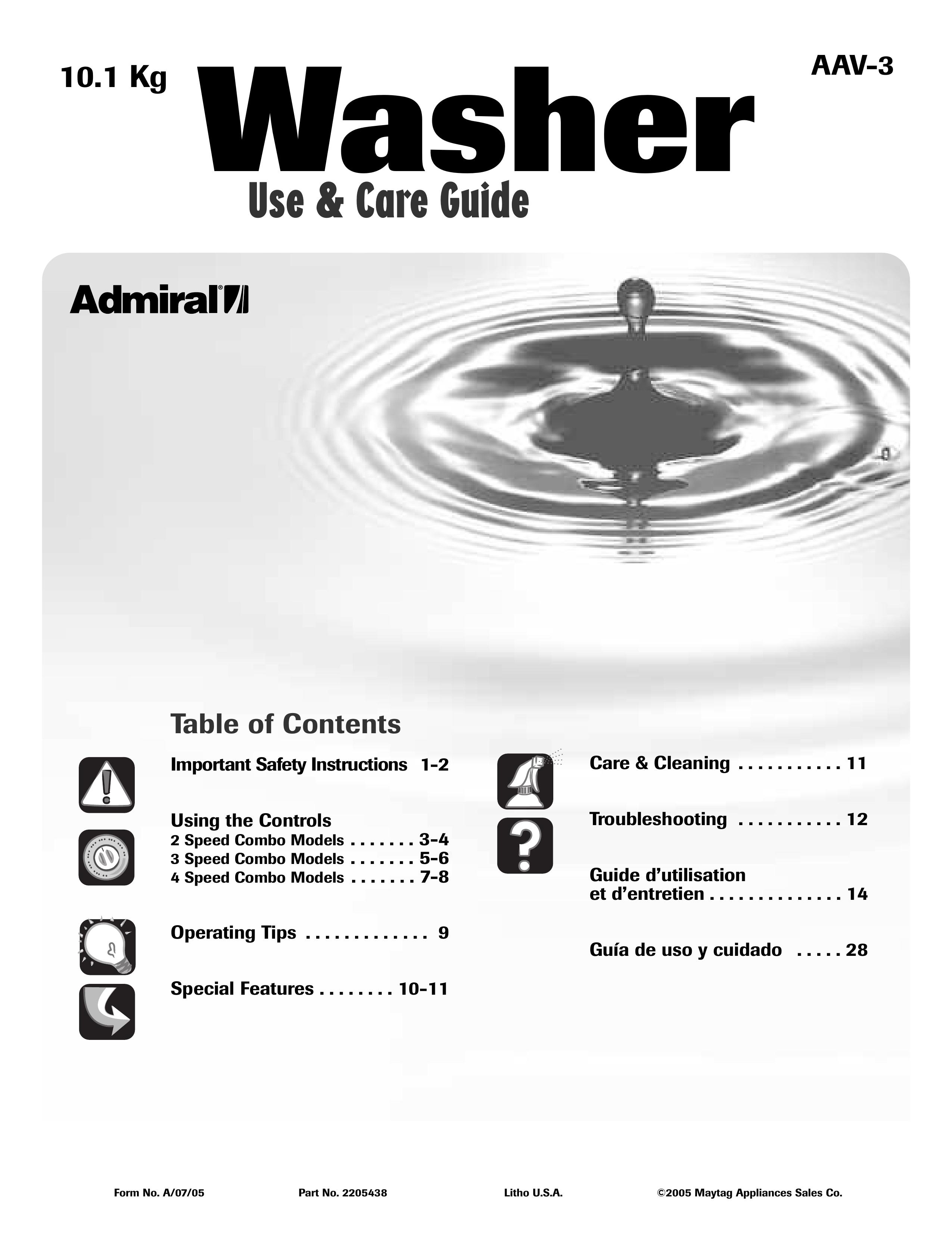 Admiral AAV-3 Washer User Manual (Page 1)