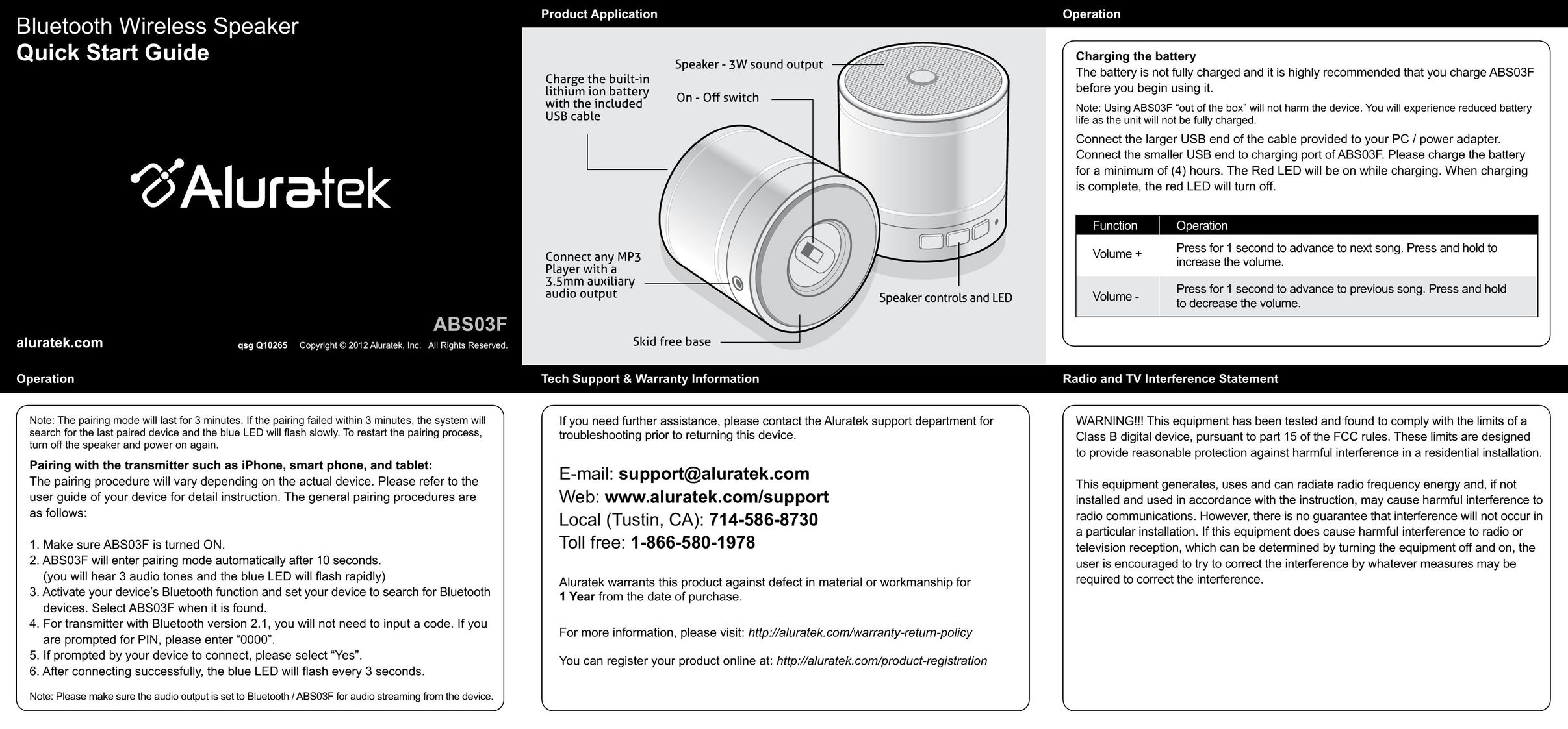 Aluratek ABS03F Portable Speaker User Manual (Page 1)