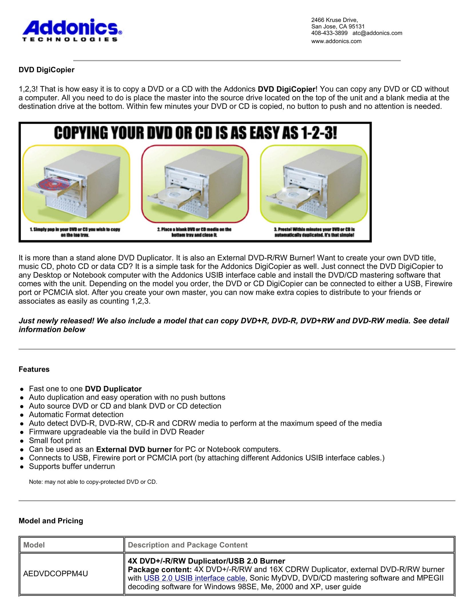 Addonics Technologies AEDVDCOPPM4U DVD Recorder User Manual (Page 1)