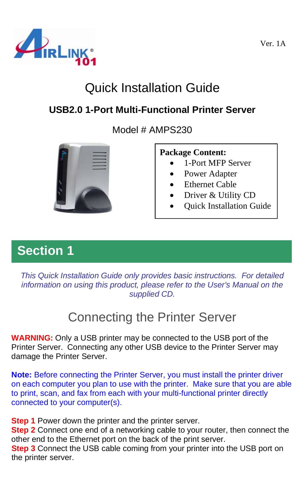 Airlink101 AMPS230 Printer User Manual (Page 1)