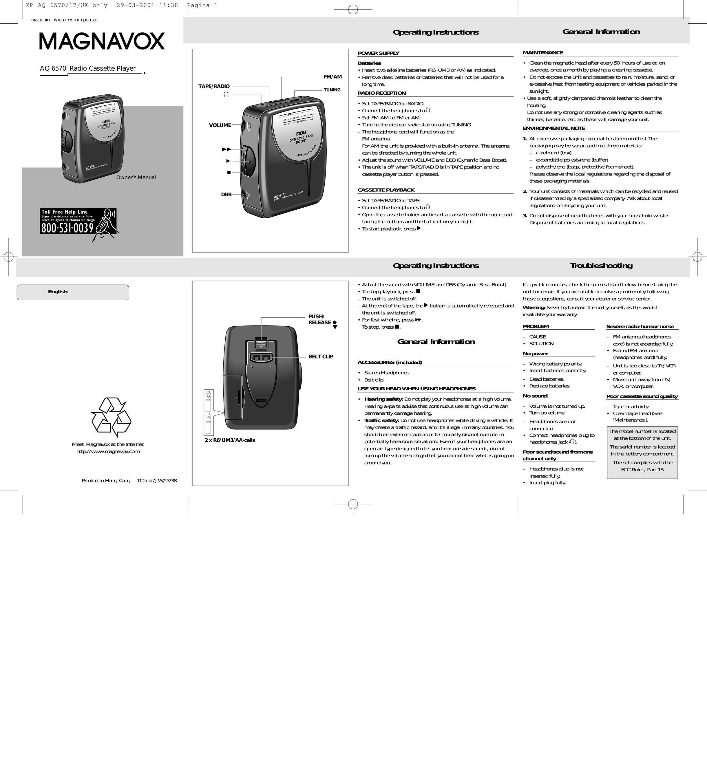 Magnavox AQ 6570 Cassette Player User Manual (Page 1)