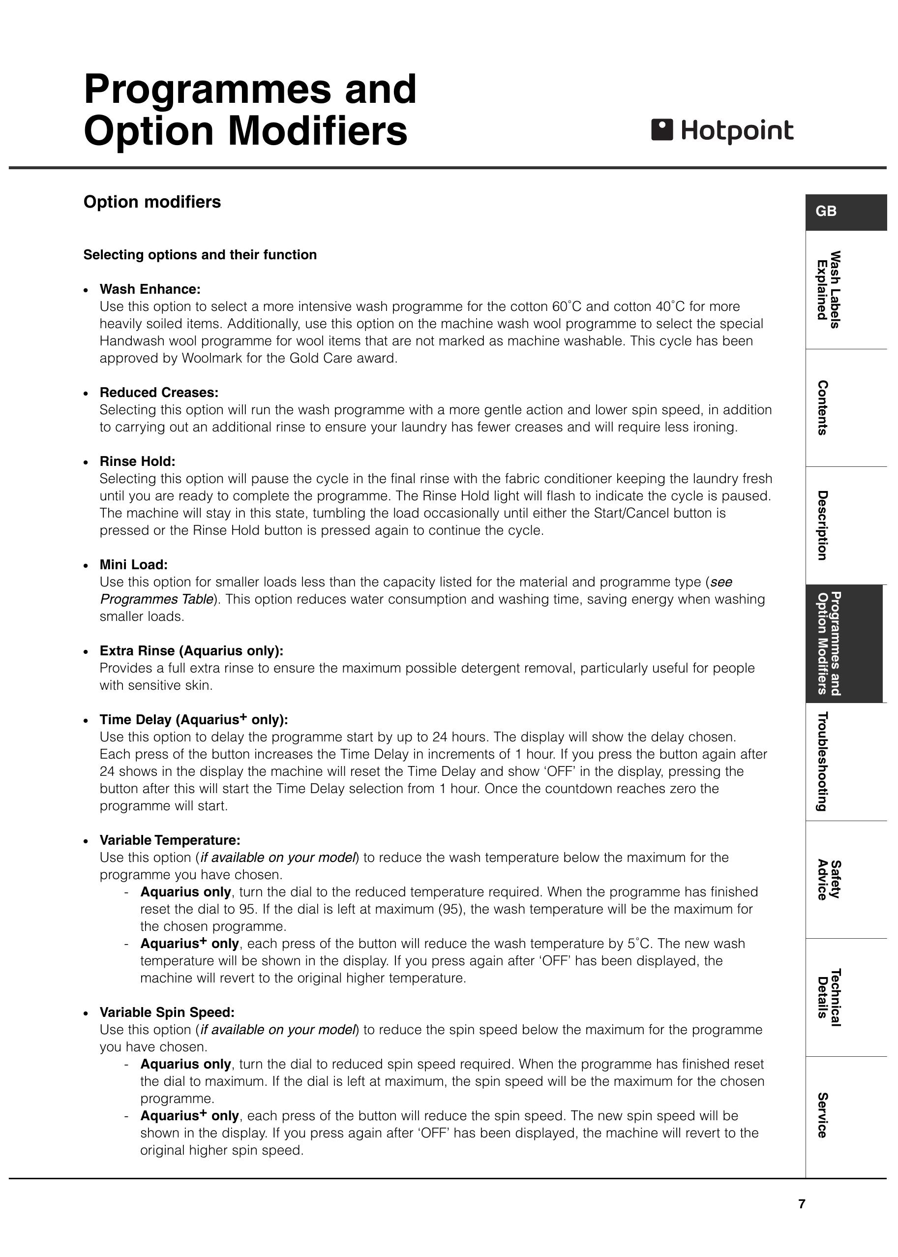 Hotpoint Aquarius+ Clothes Dryer User Manual (Page 7)