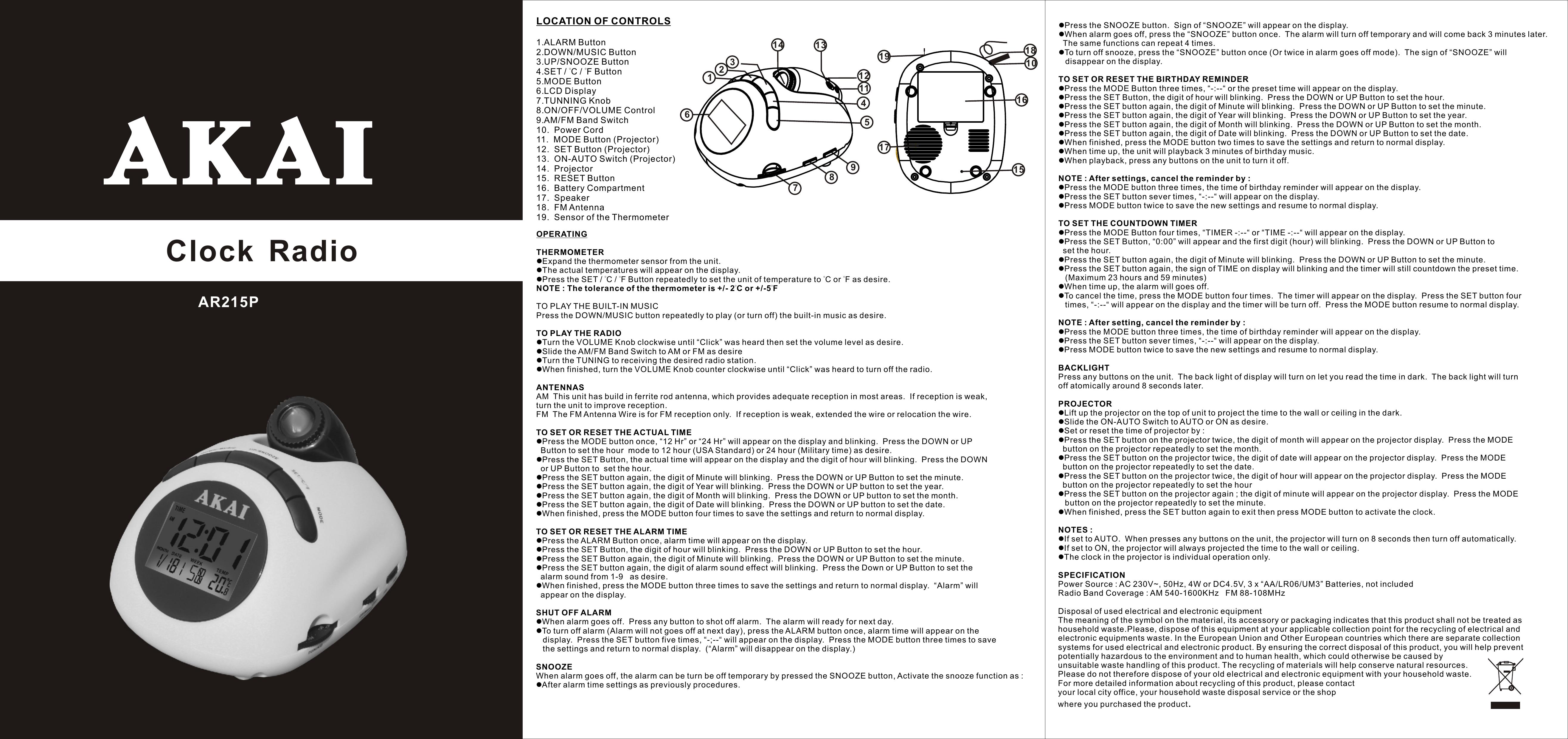Akai AR215P Clock Radio User Manual (Page 1)