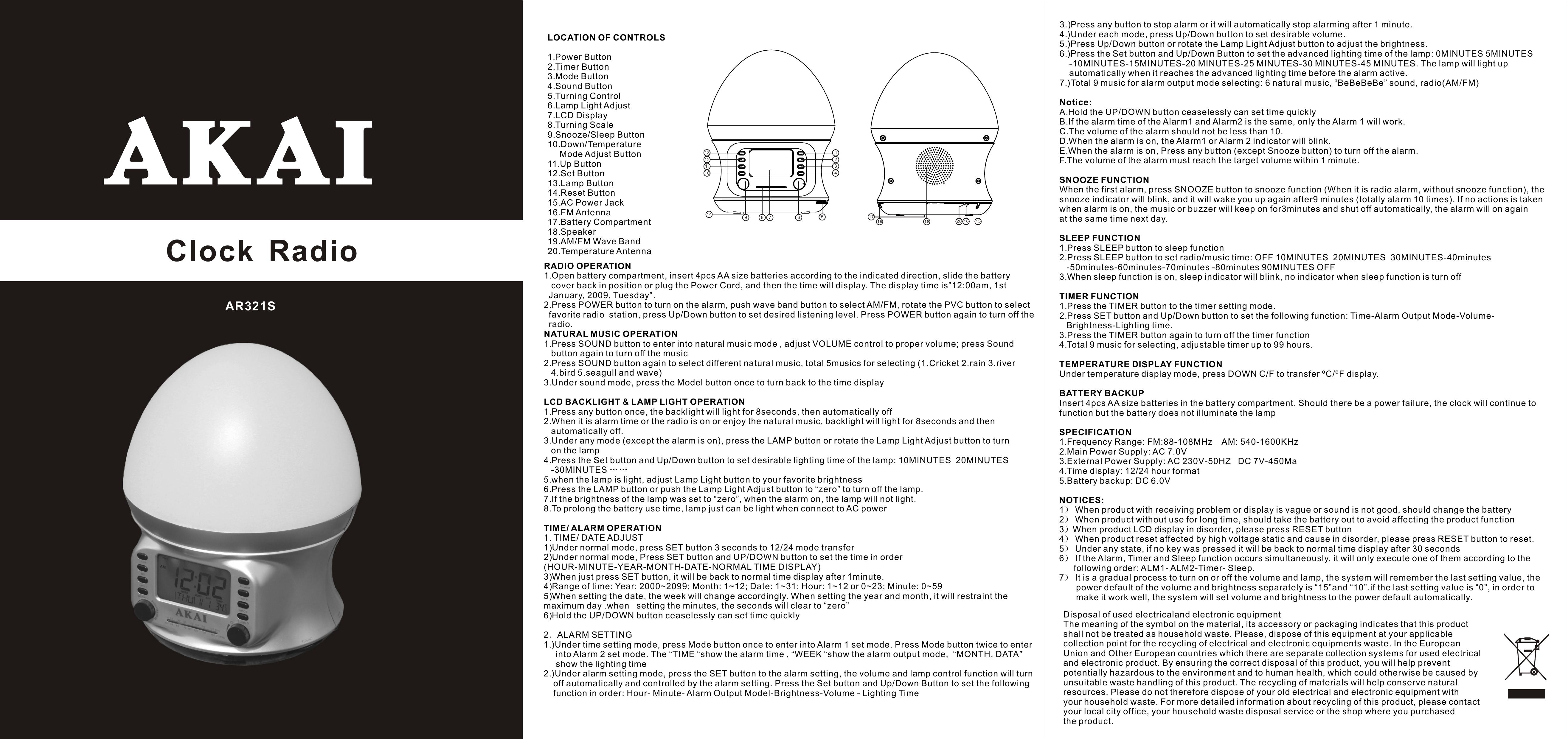 Akai AR321S Clock Radio User Manual (Page 1)