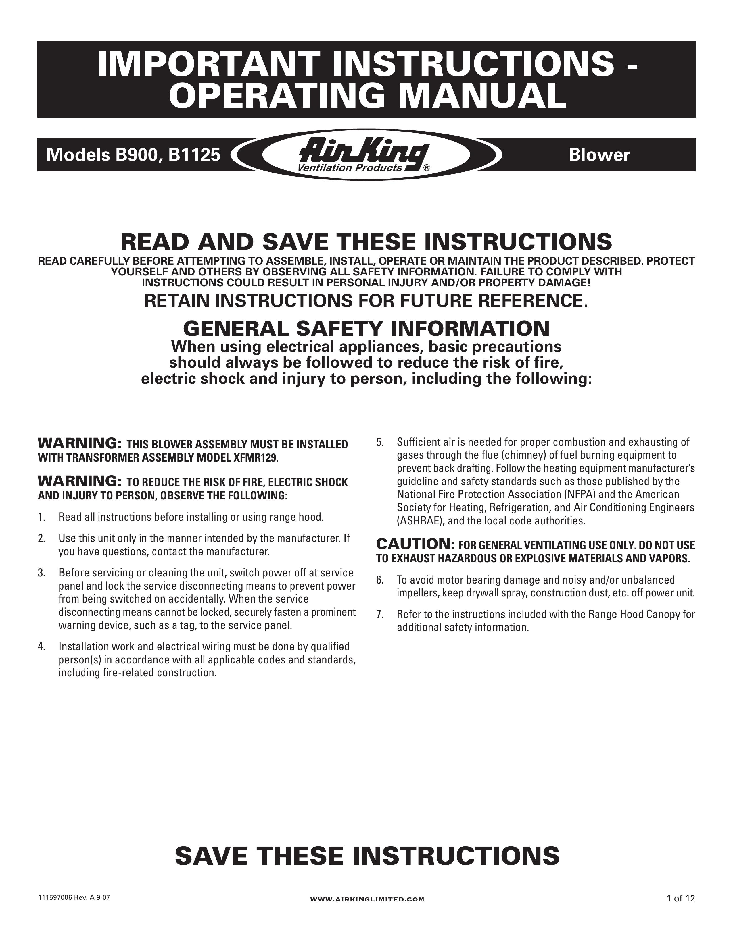 Air King B900 Blower User Manual (Page 1)