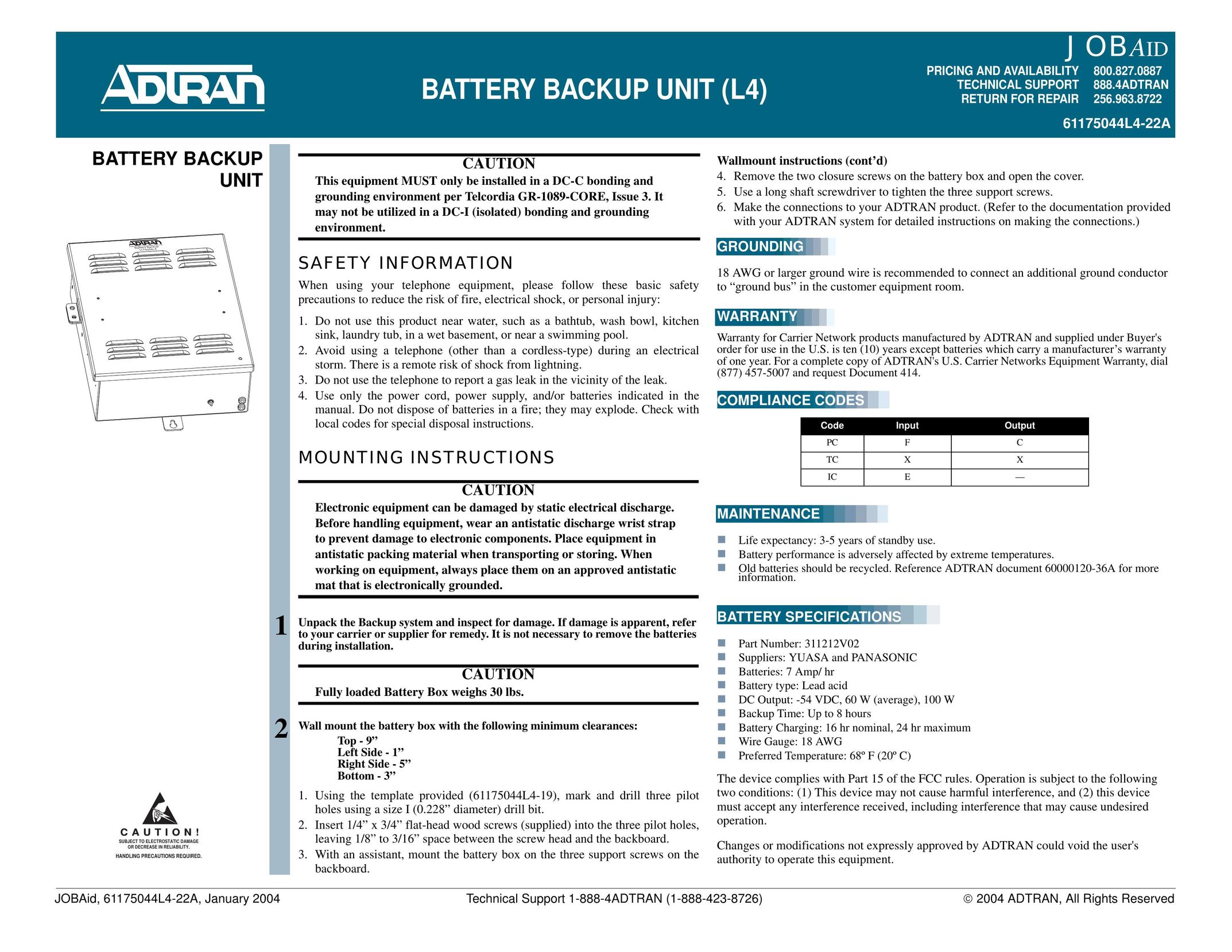 ADTRAN Battery Backup Unit (L4) Battery Charger User Manual (Page 1)