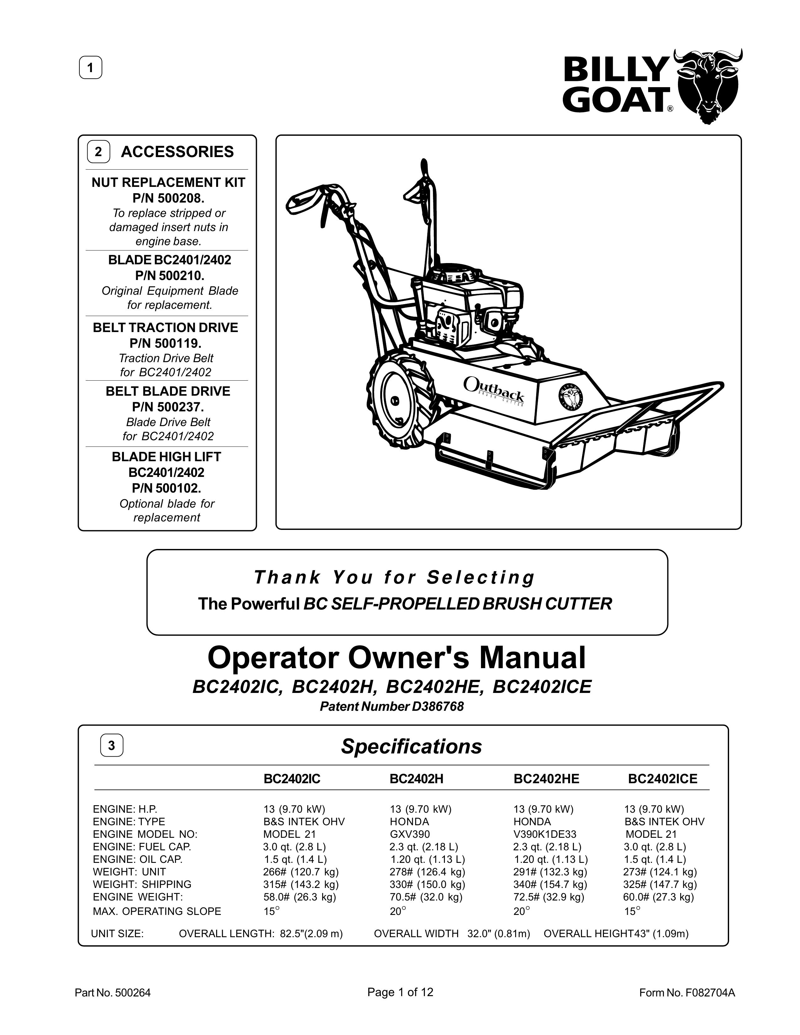 Billy Goat BC2402IC, BC2402H, BC2402HE, BC2402ICE Brush Cutter User Manual (Page 1)