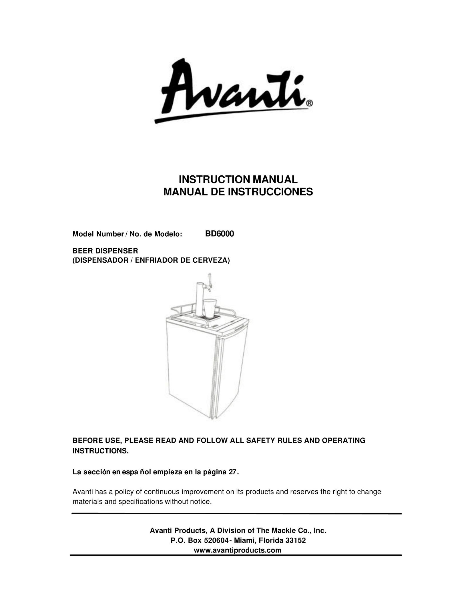 Avanti BD6000 Beverage Dispenser User Manual (Page 1)