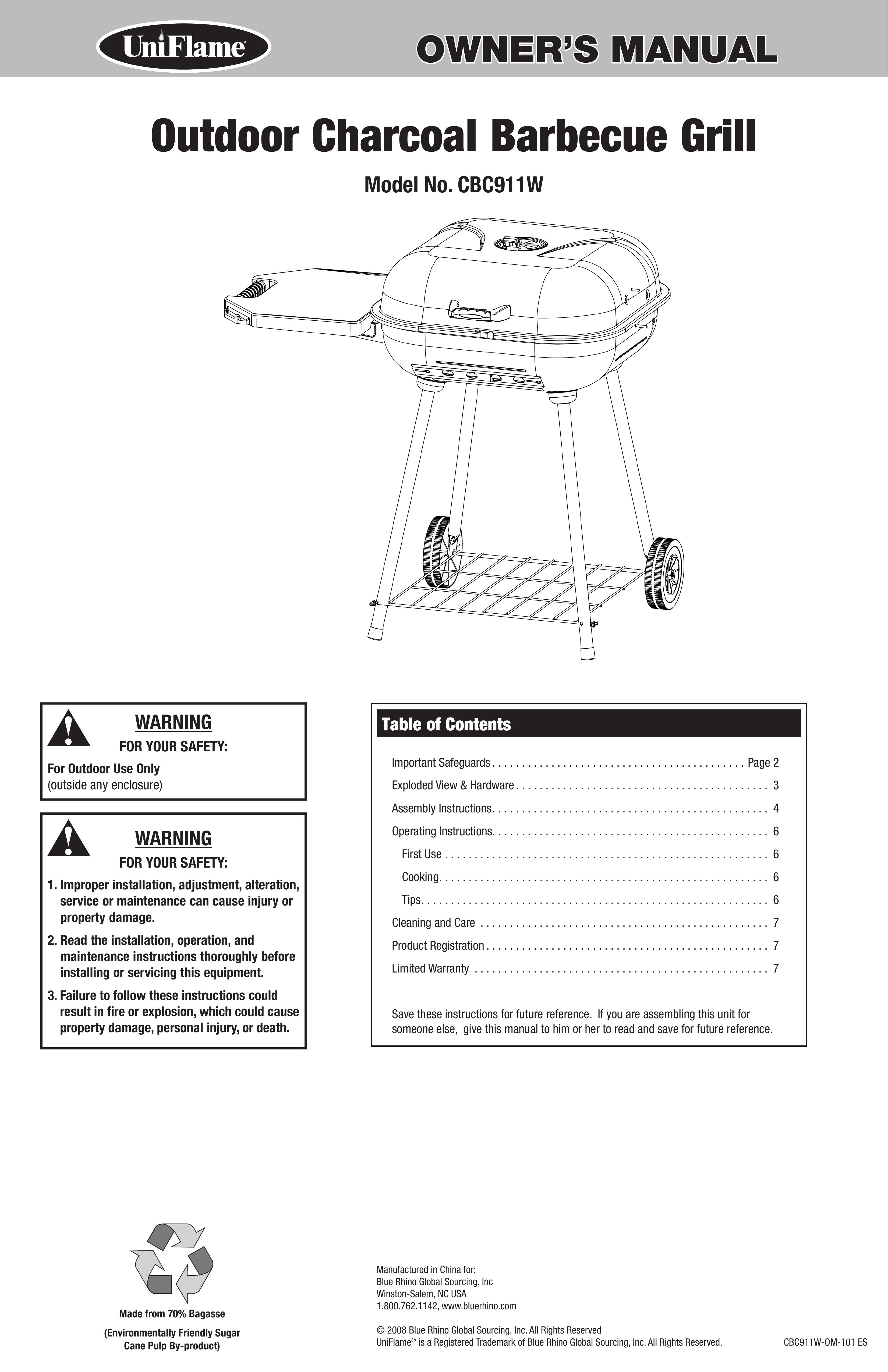 Blue Rhino CBC911W Charcoal Grill User Manual (Page 1)
