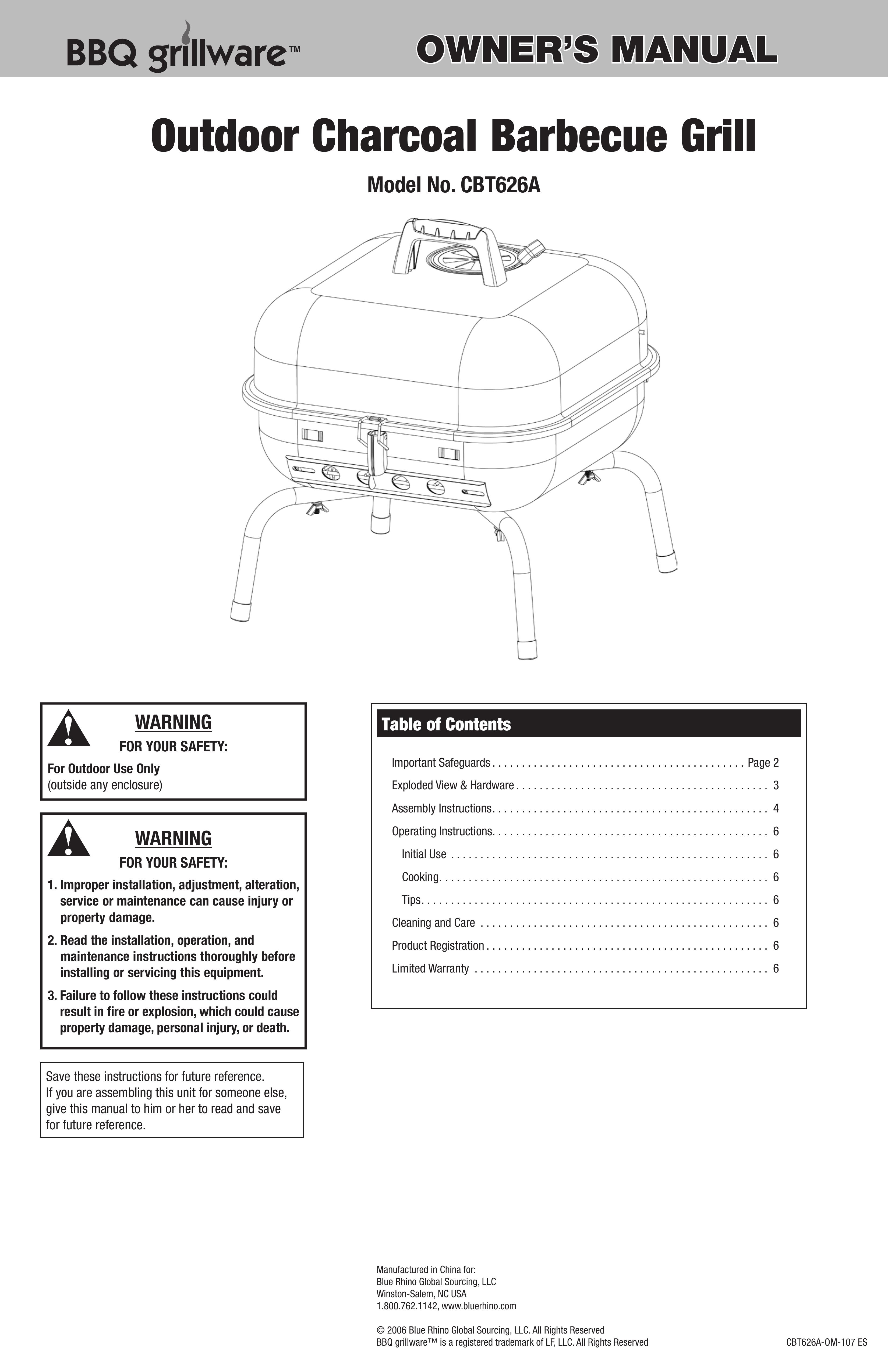 Blue Rhino CBT626A Charcoal Grill User Manual (Page 1)