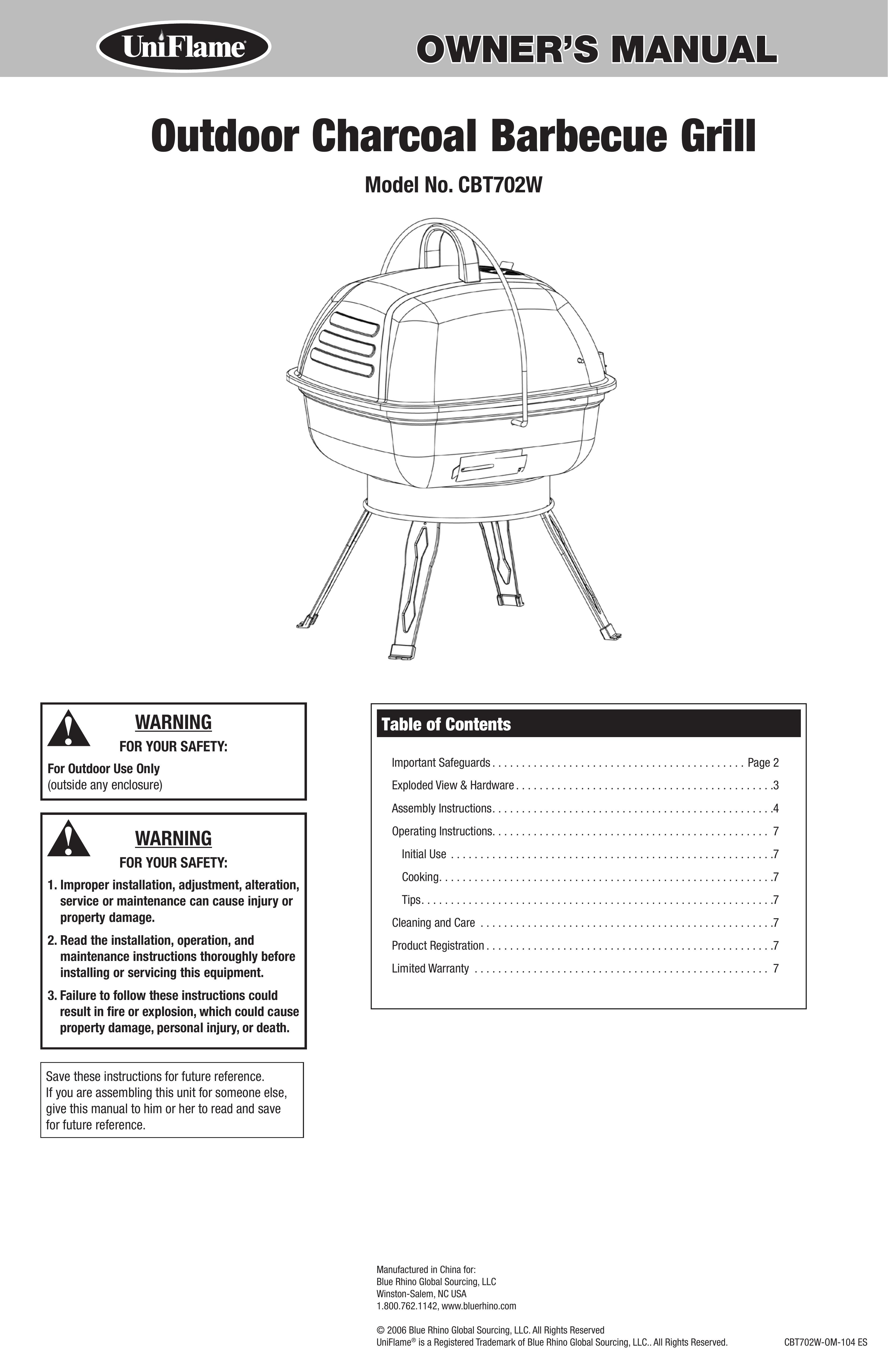 Blue Rhino CBT702W Charcoal Grill User Manual (Page 1)