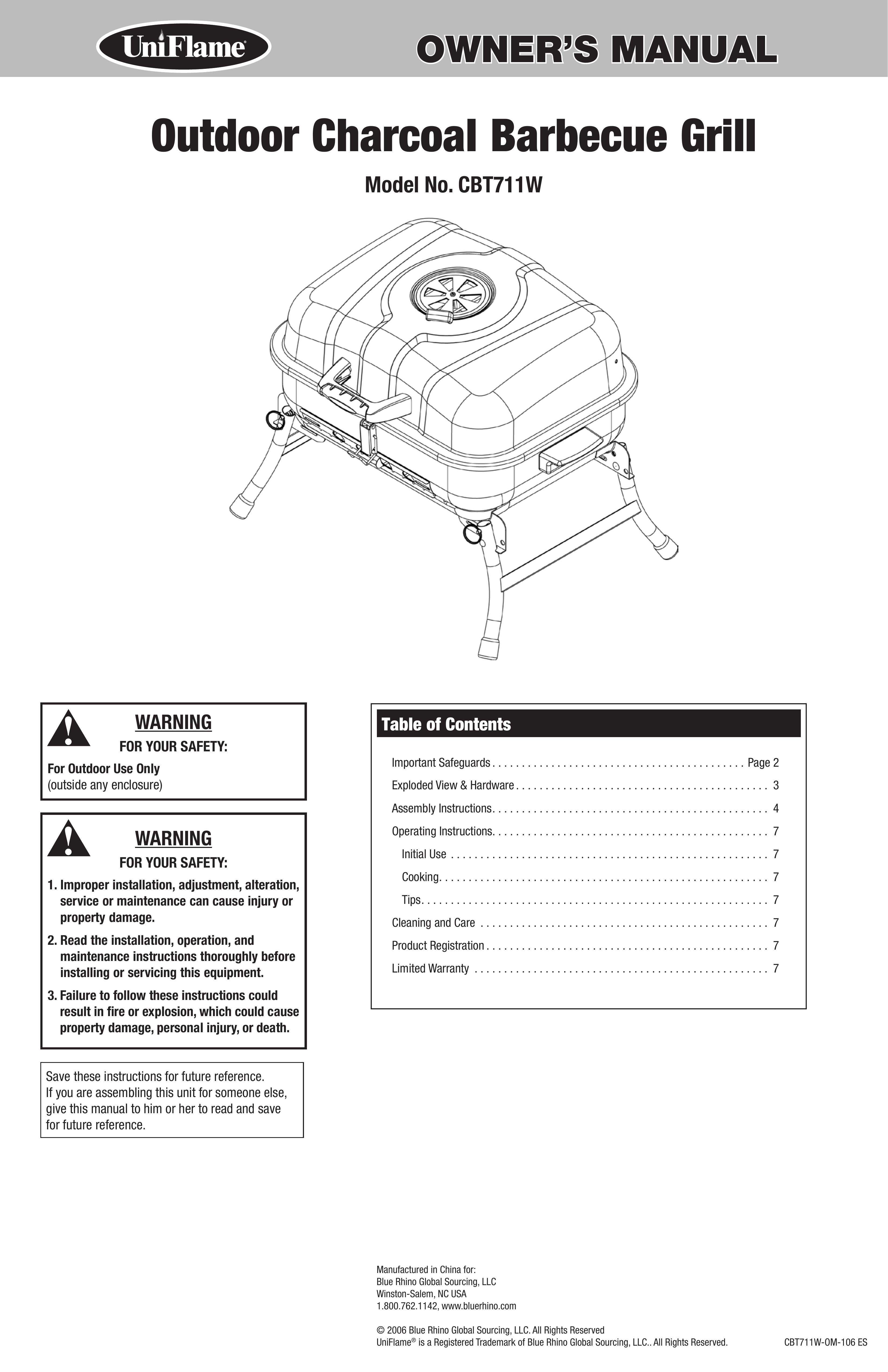 Blue Rhino CBT711W Charcoal Grill User Manual (Page 1)