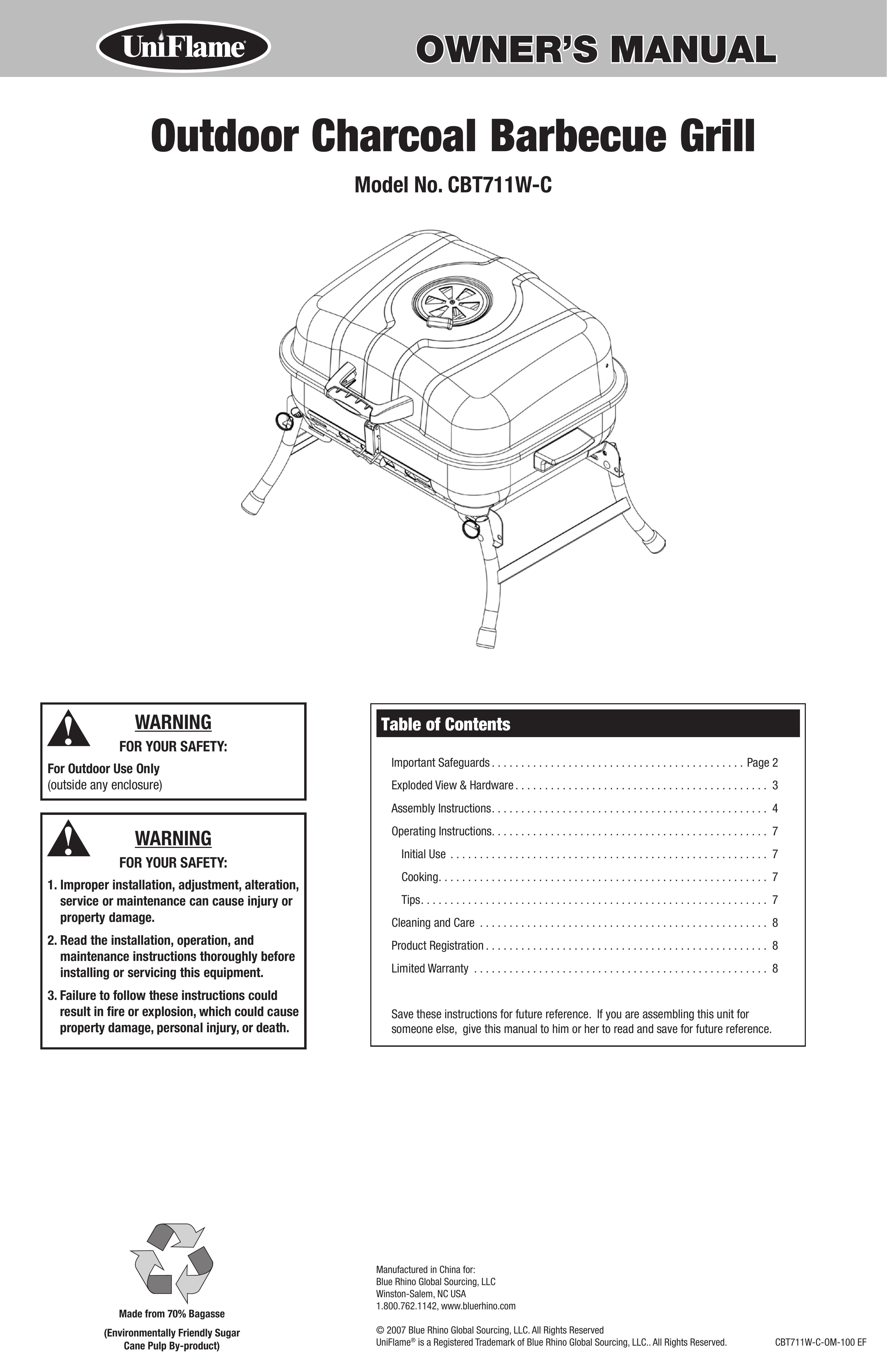 Blue Rhino CBT711W-C Charcoal Grill User Manual (Page 1)