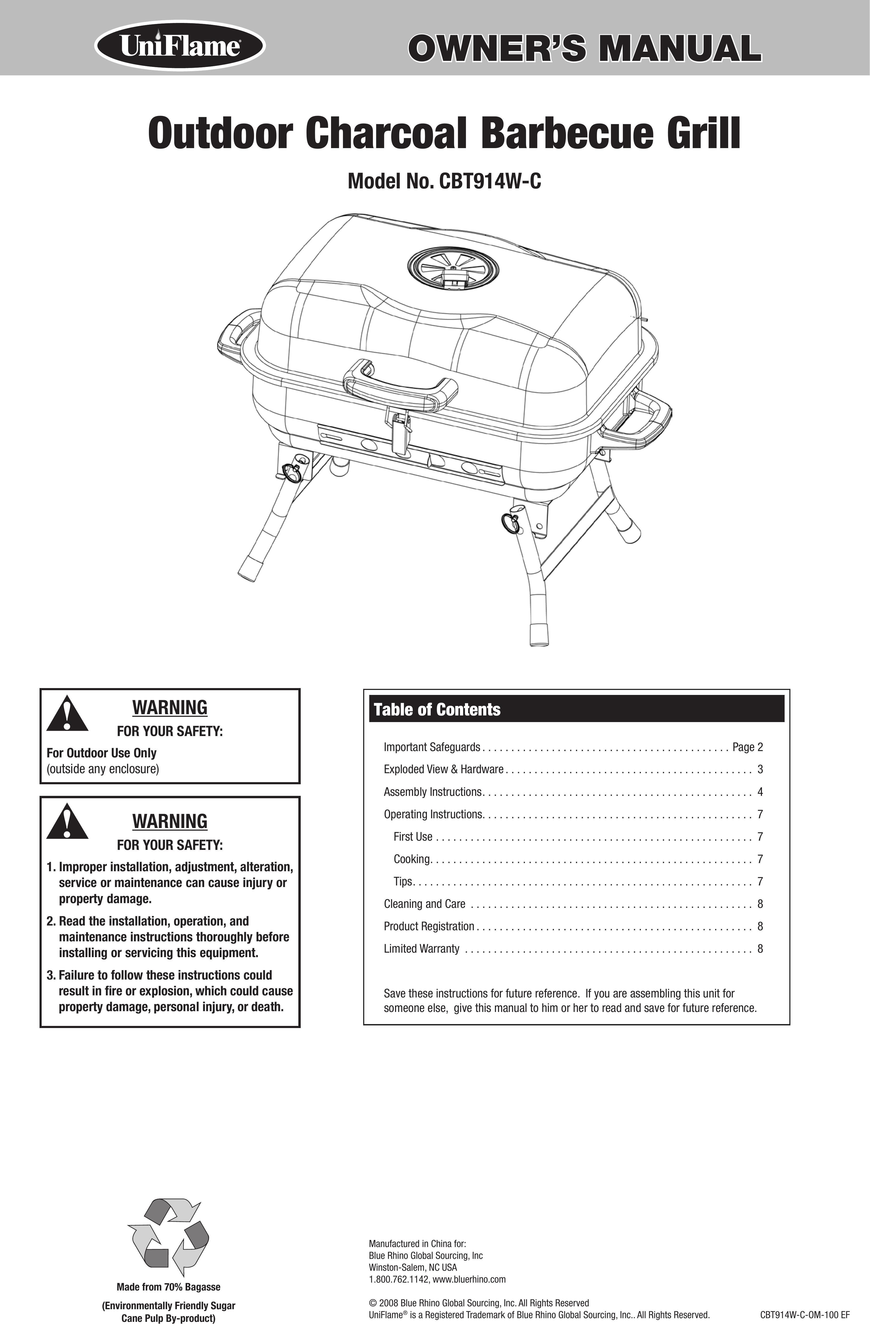 Blue Rhino CBT914W-C Charcoal Grill User Manual (Page 1)