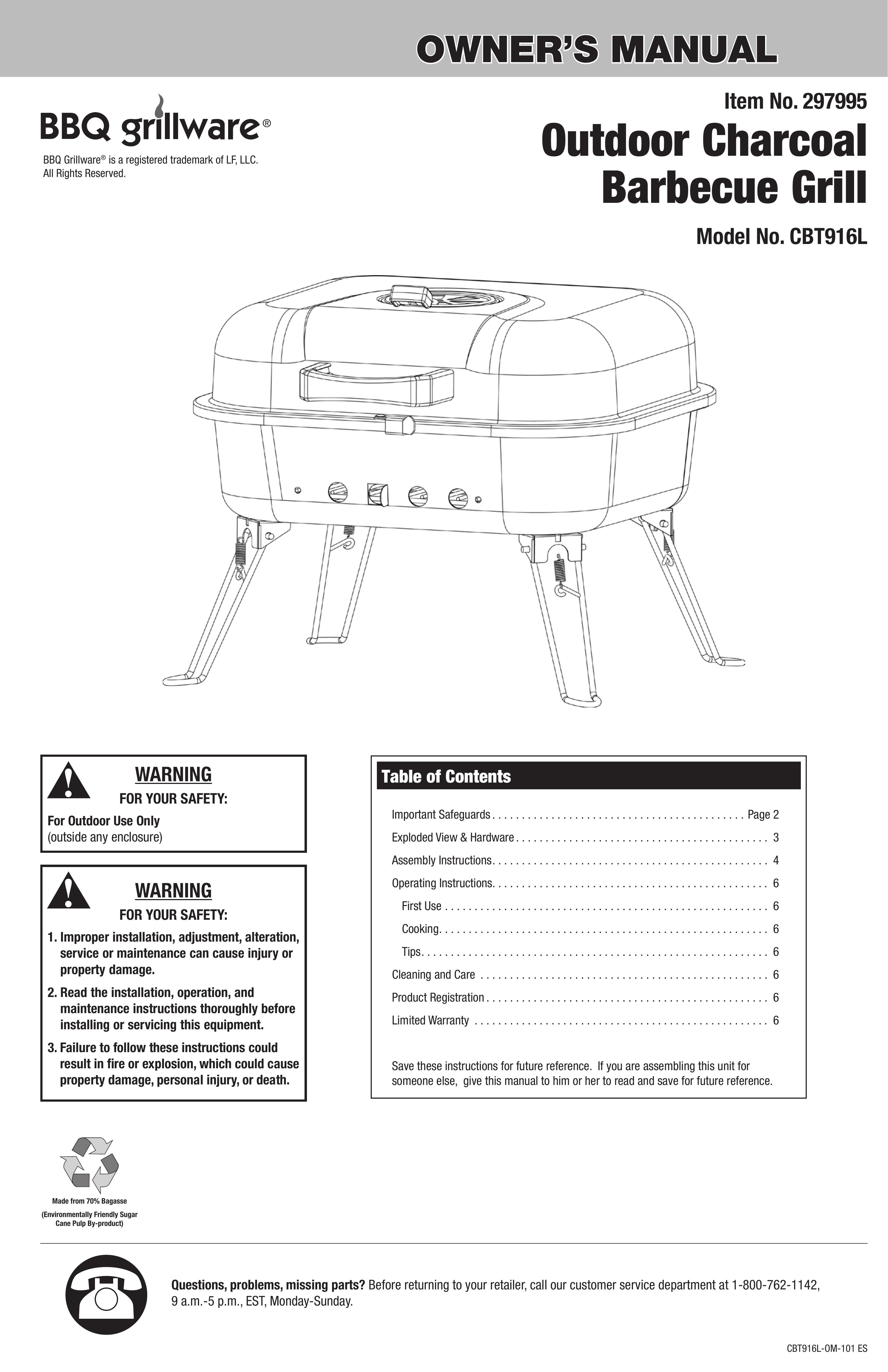Blue Rhino CBT916L Charcoal Grill User Manual (Page 1)