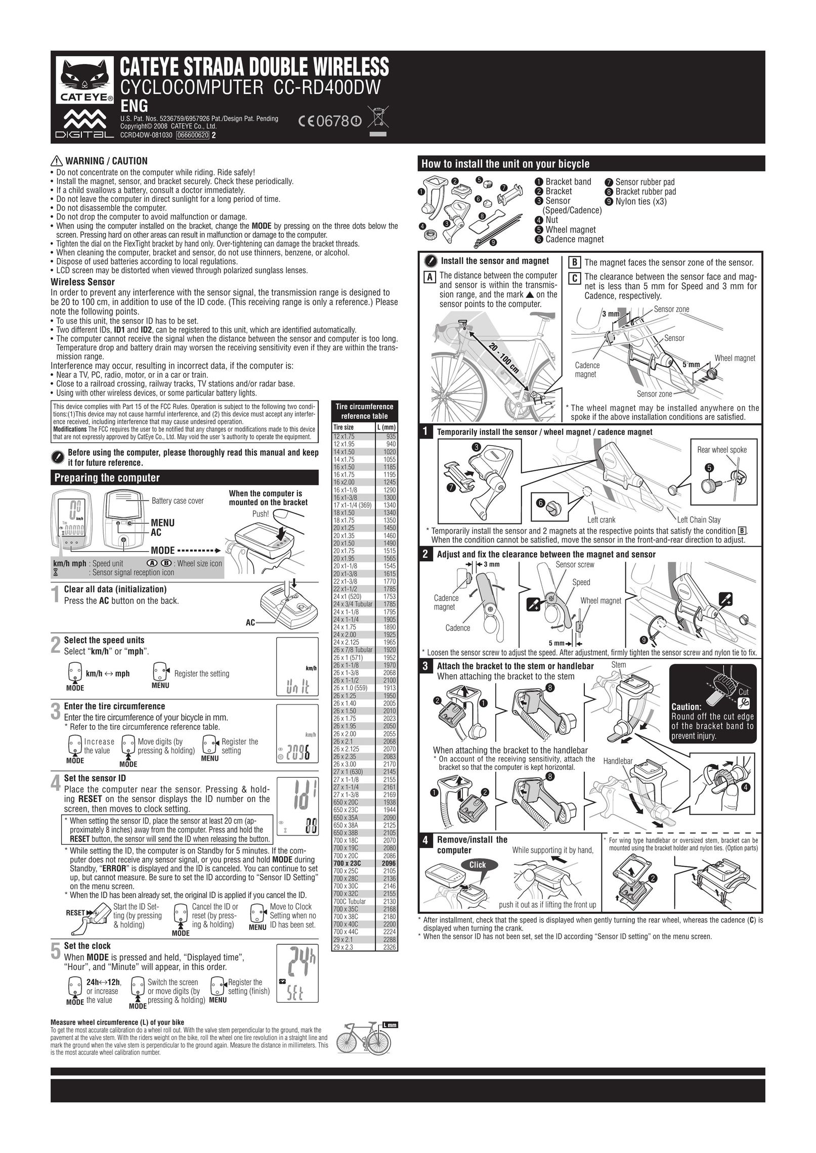Cateye CCRD4DW-081030 Bicycle Accessories User Manual (Page 1)