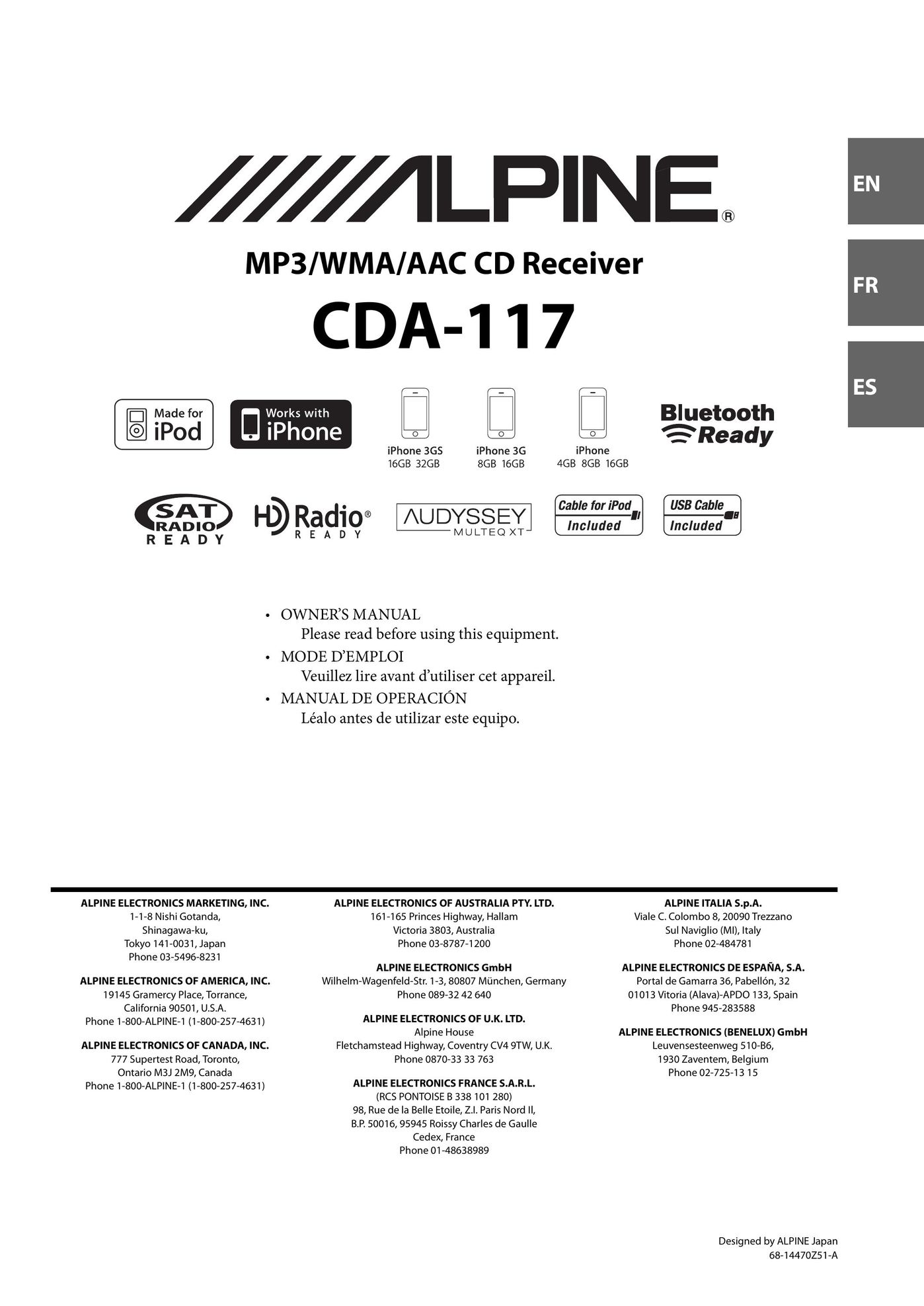Alpine CDA-117 Car Satellite Radio System User Manual (Page 1)
