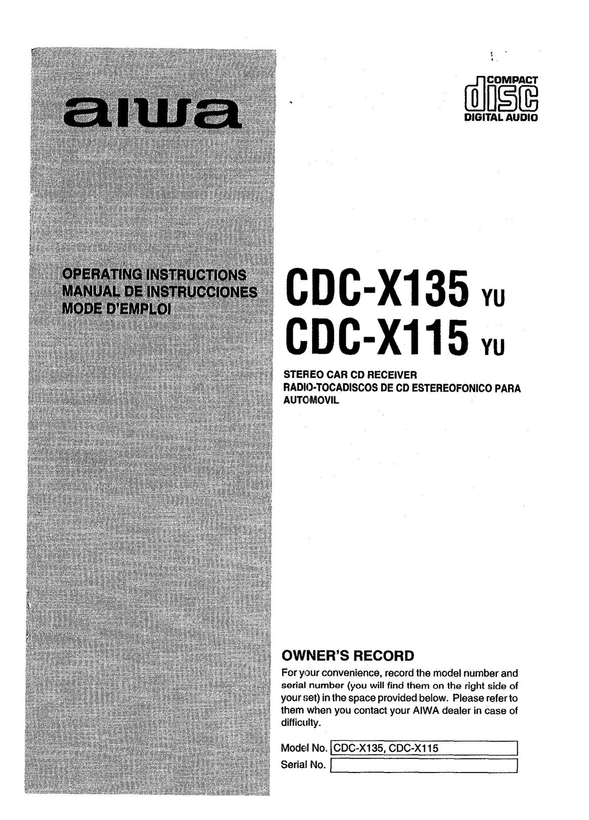 Aiwa CDC-XI15 Car Stereo System User Manual (Page 1)