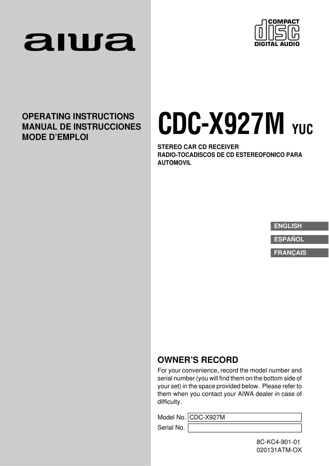 Aiwa CDC-X927M YUC Car Stereo System User Manual (Page 1)