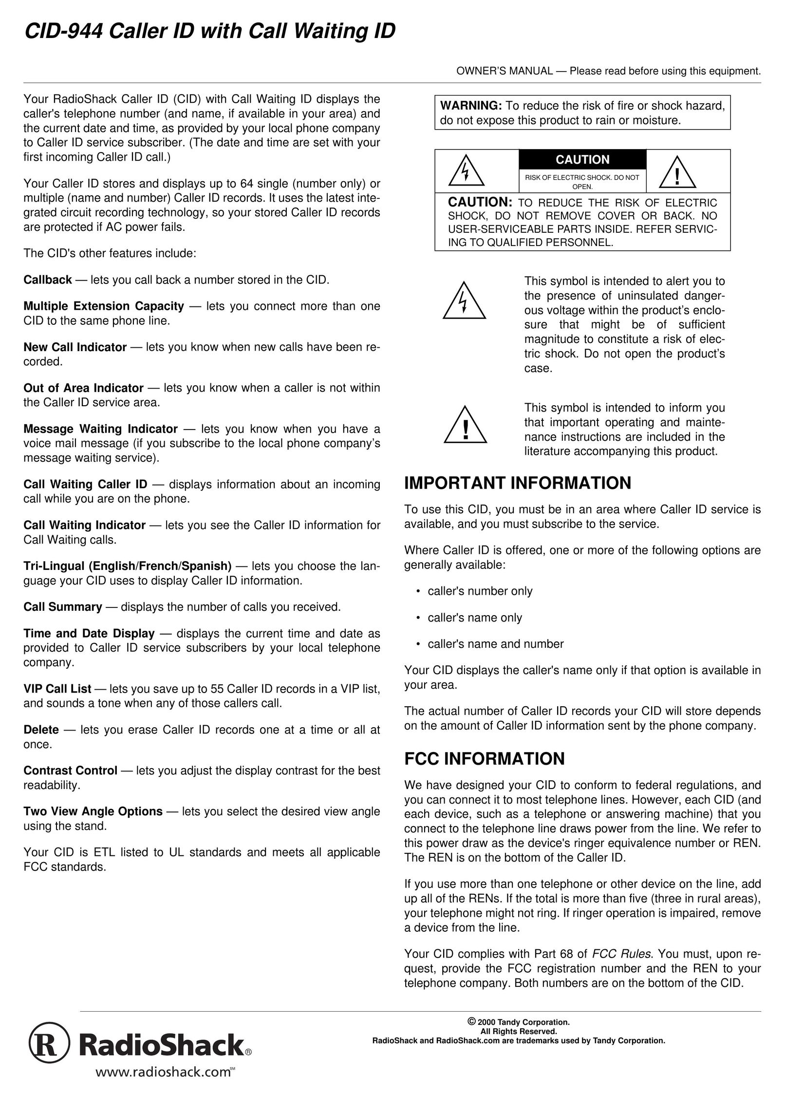 Radio Shack CID-944 Caller ID Box User Manual (Page 1)