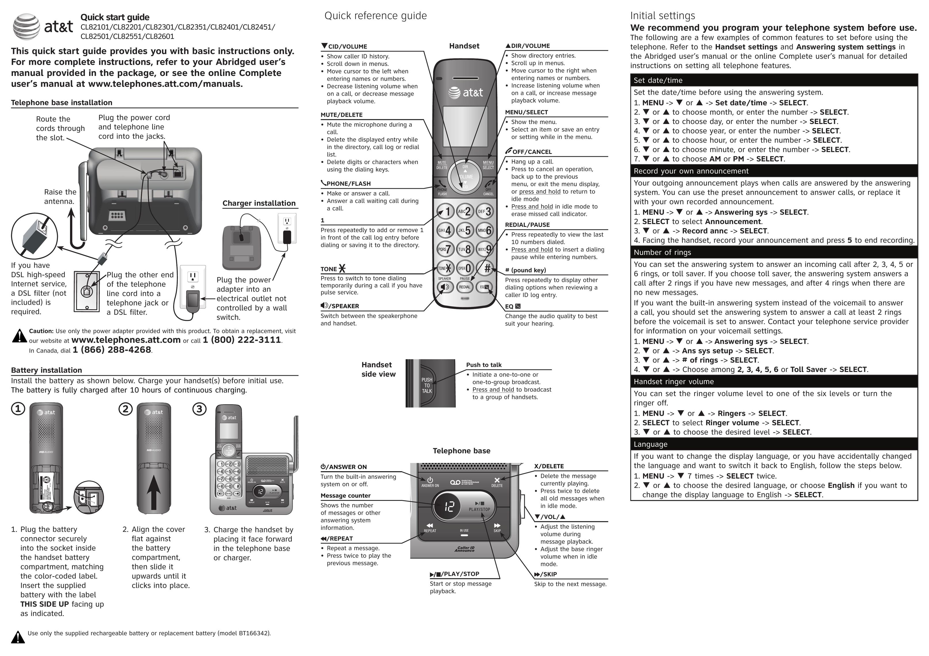A & T International CL82501 Cordless Telephone User Manual (Page 1)