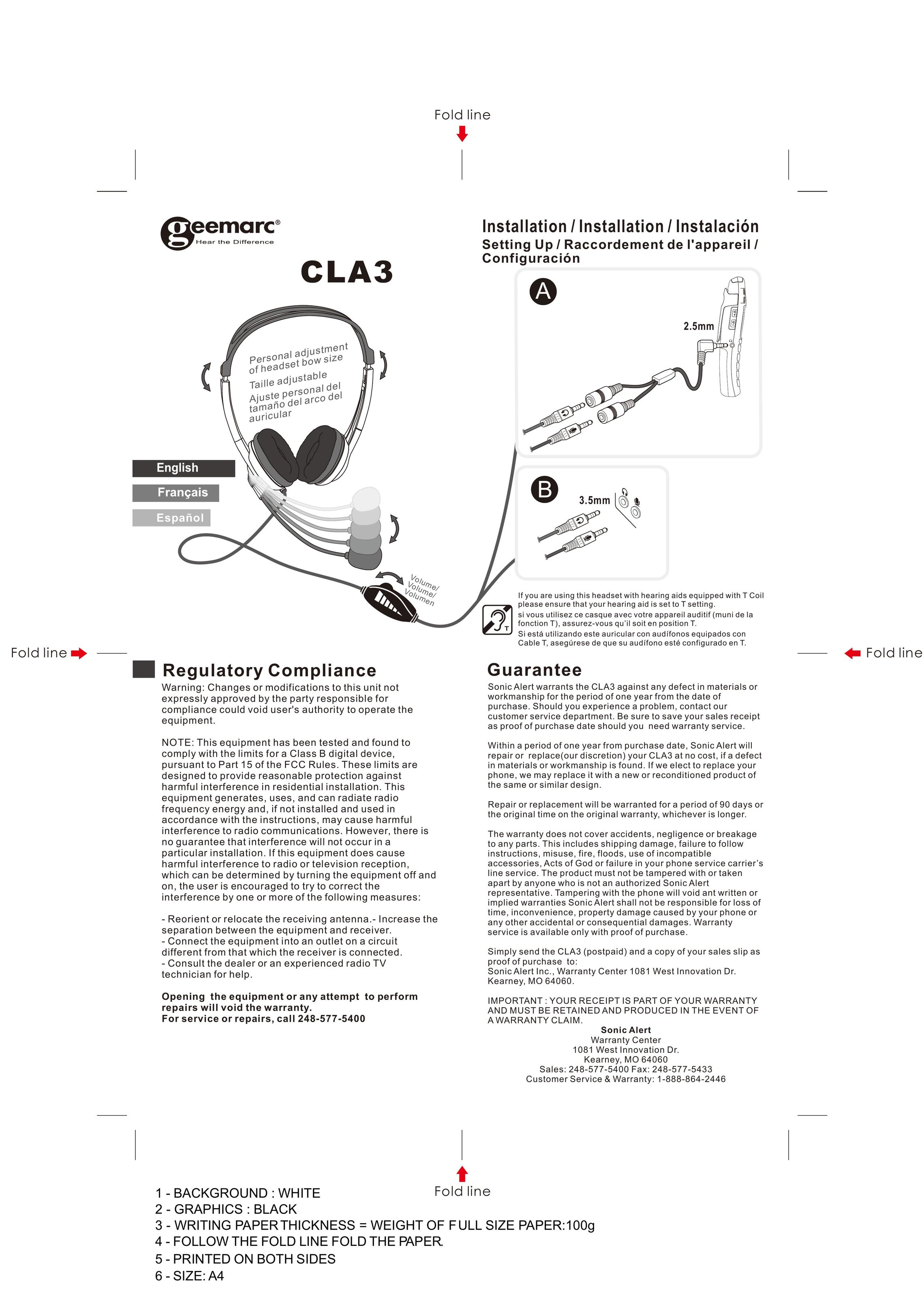 Geemarc CLA3 Corded Headset User Manual (Page 1)