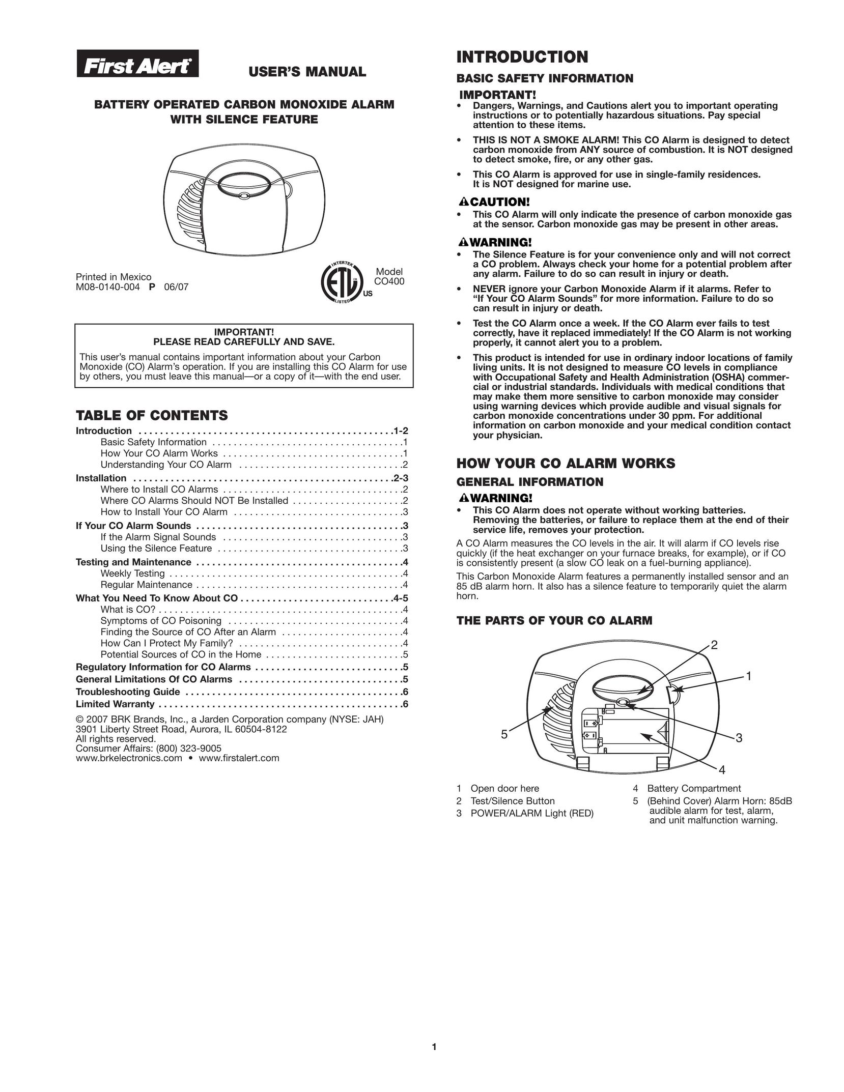 First Alert CO400 Baby Carrier User Manual (Page 1)