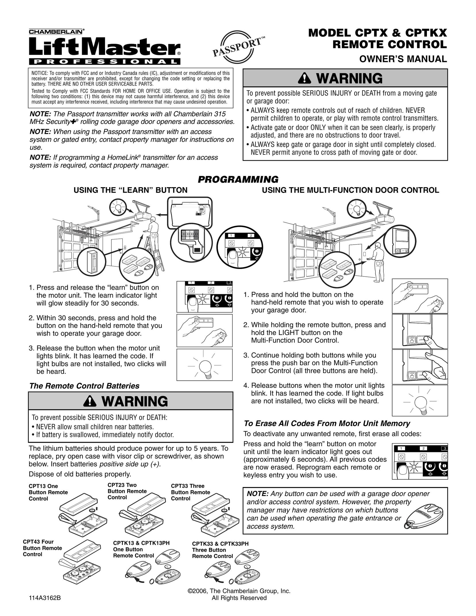 Chamberlain CPTX Universal Remote User Manual (Page 1)