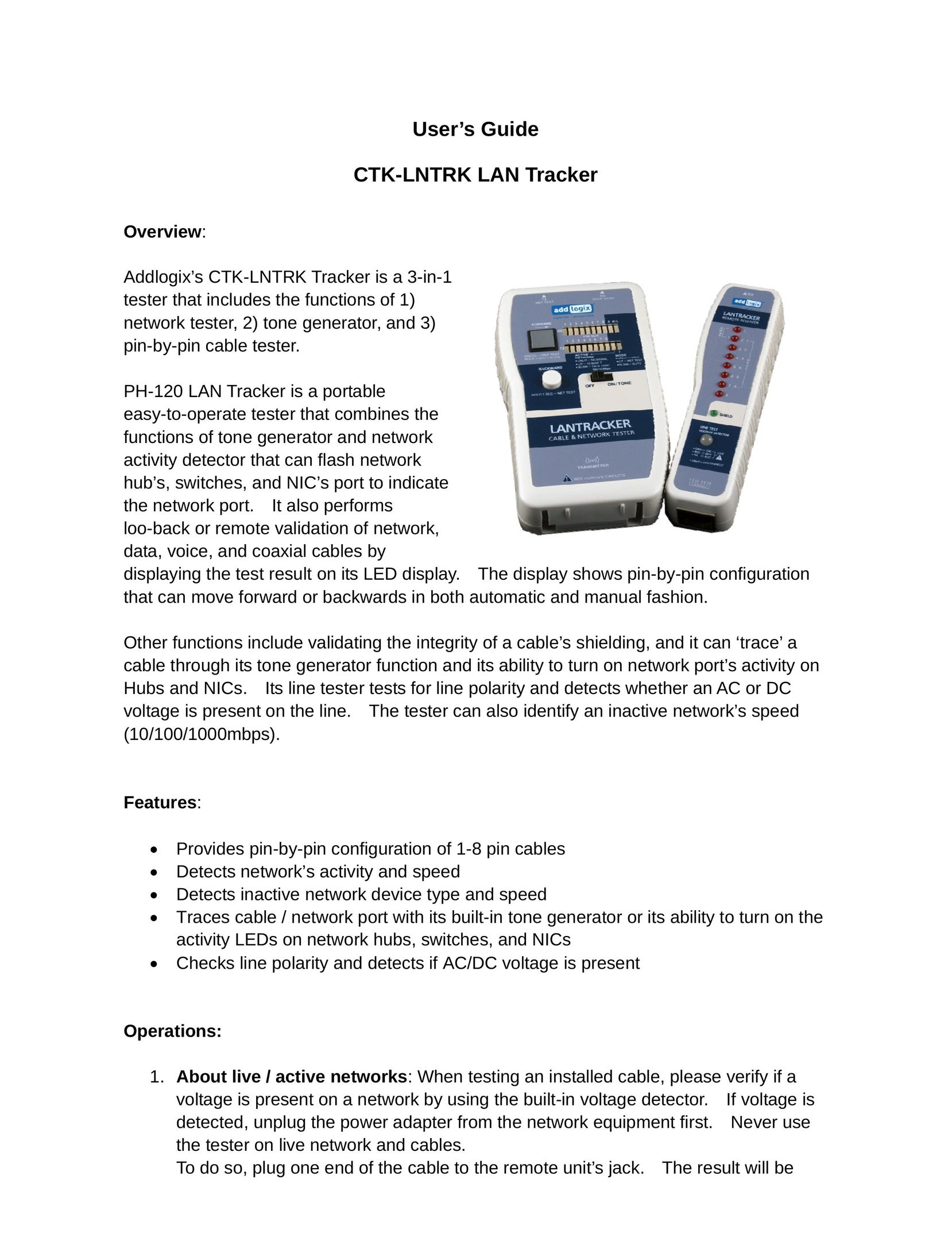 Addlogix CTK-LNTRK Network Hardware User Manual (Page 1)
