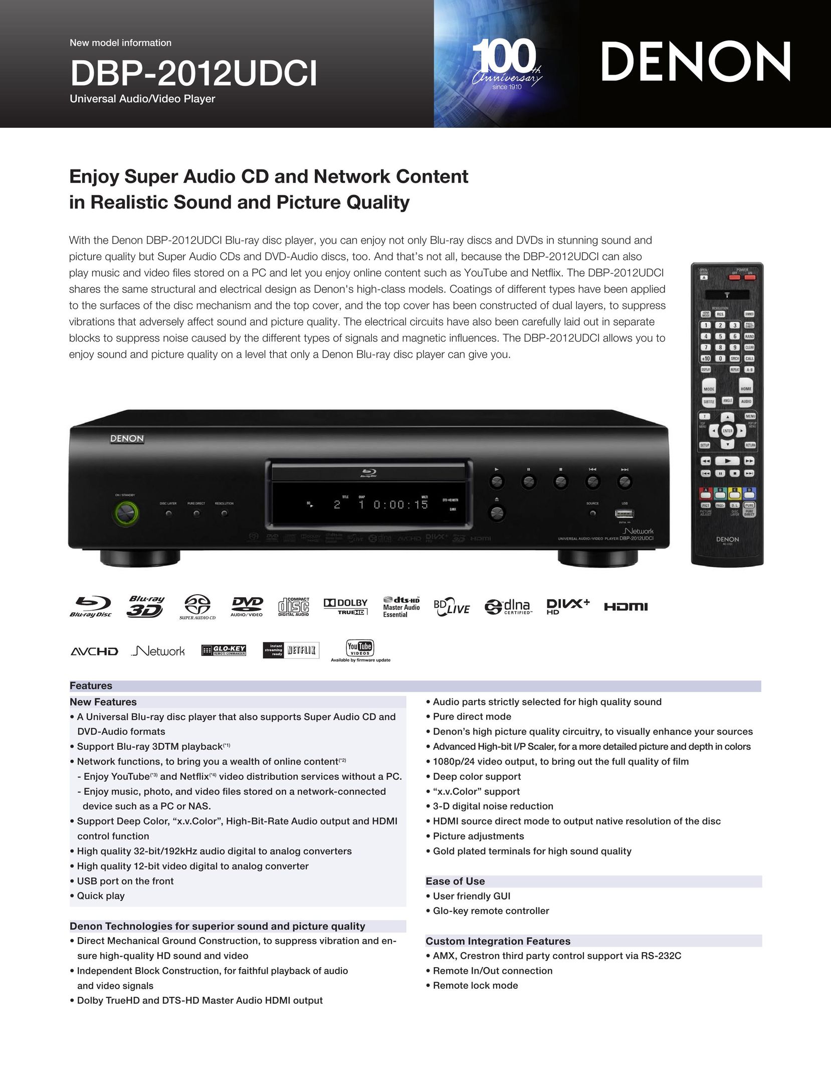 Denon DBP-2012UDCI Blu-ray Player User Manual (Page 1)