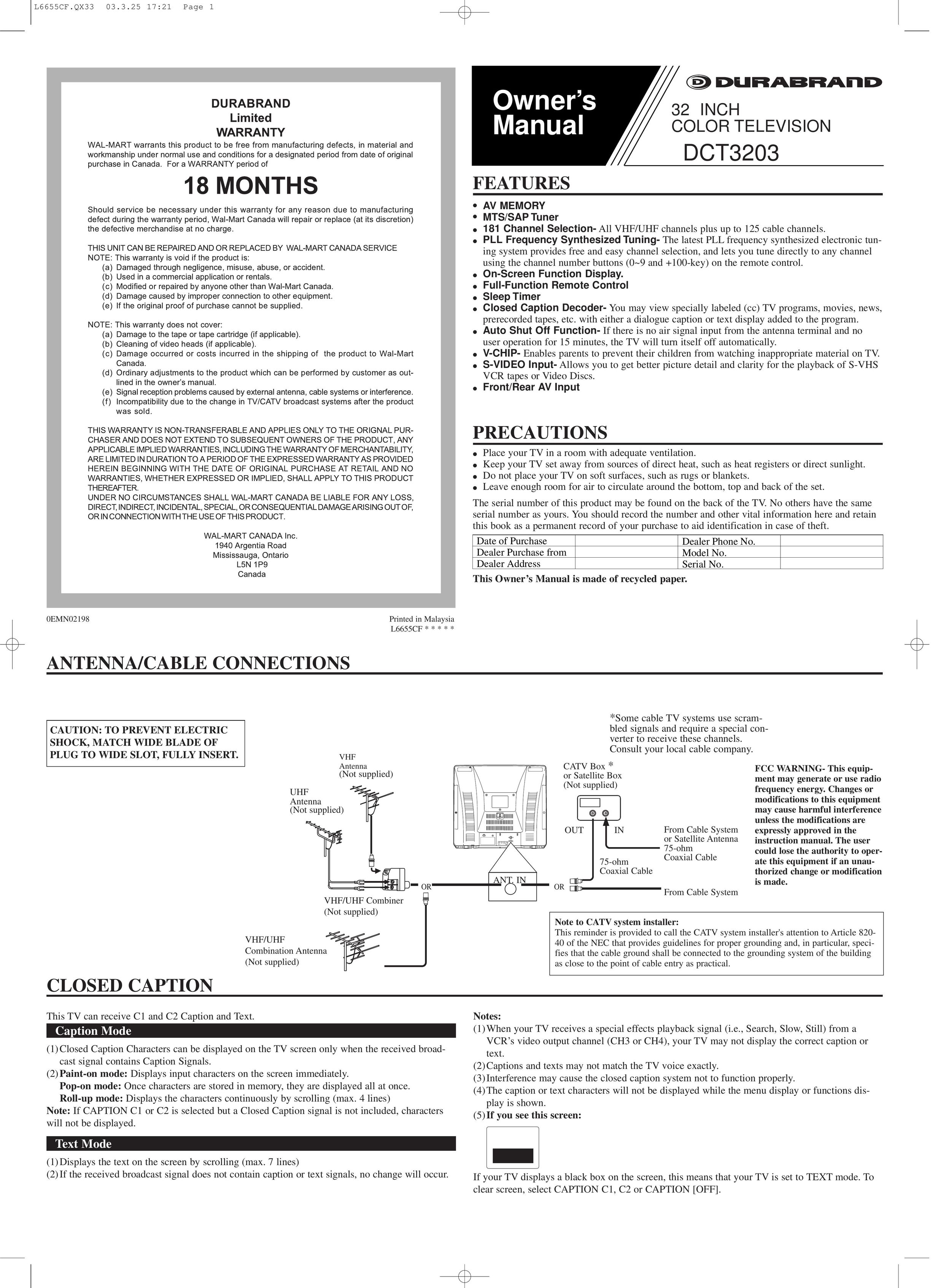 FUNAI DCT3203 CRT Television User Manual (Page 1)