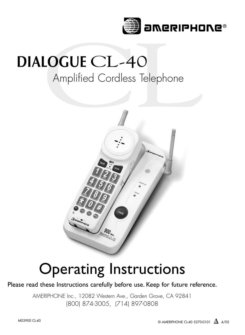 Ameriphone CL-40 Cordless Telephone User Manual (Page 1)